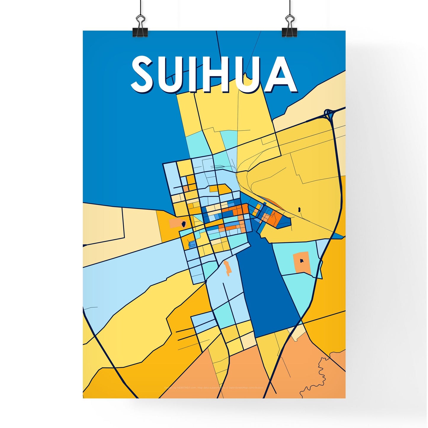 SUIHUA CHINA Vibrant Colorful Art Map Poster Blue Orange