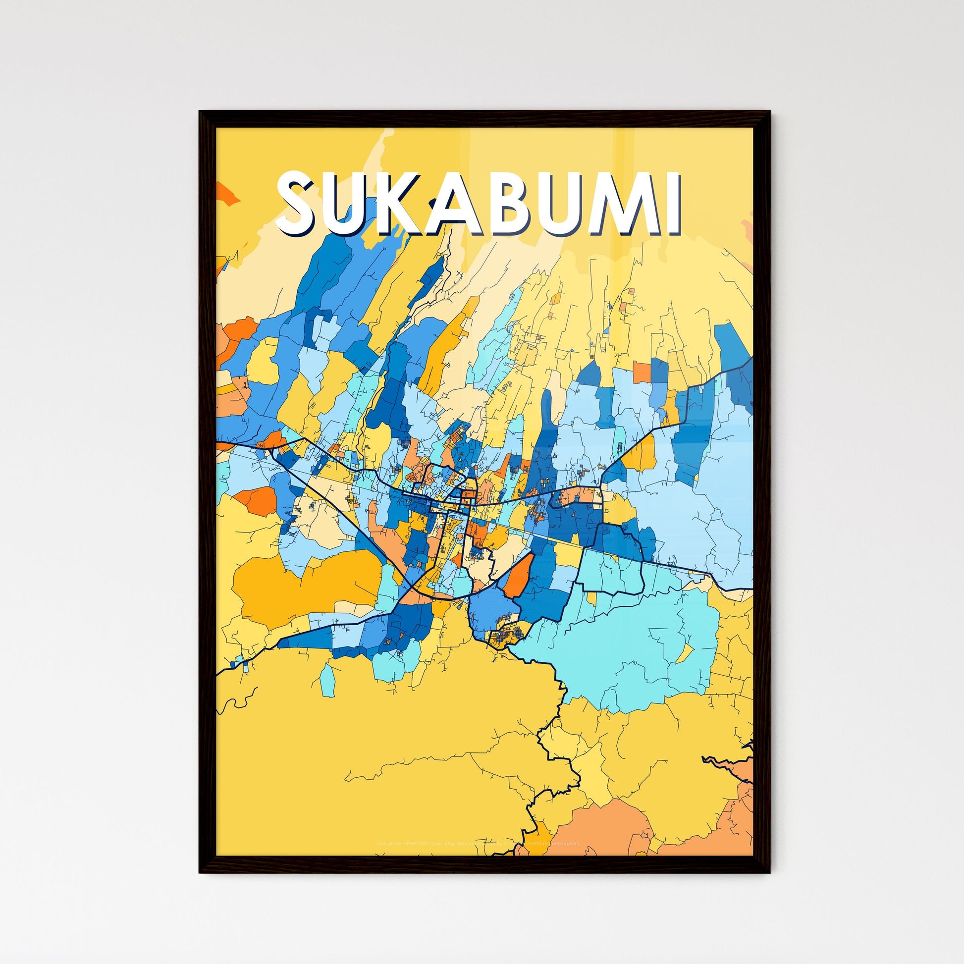 SUKABUMI INDONESIA Vibrant Colorful Art Map Poster Blue Orange