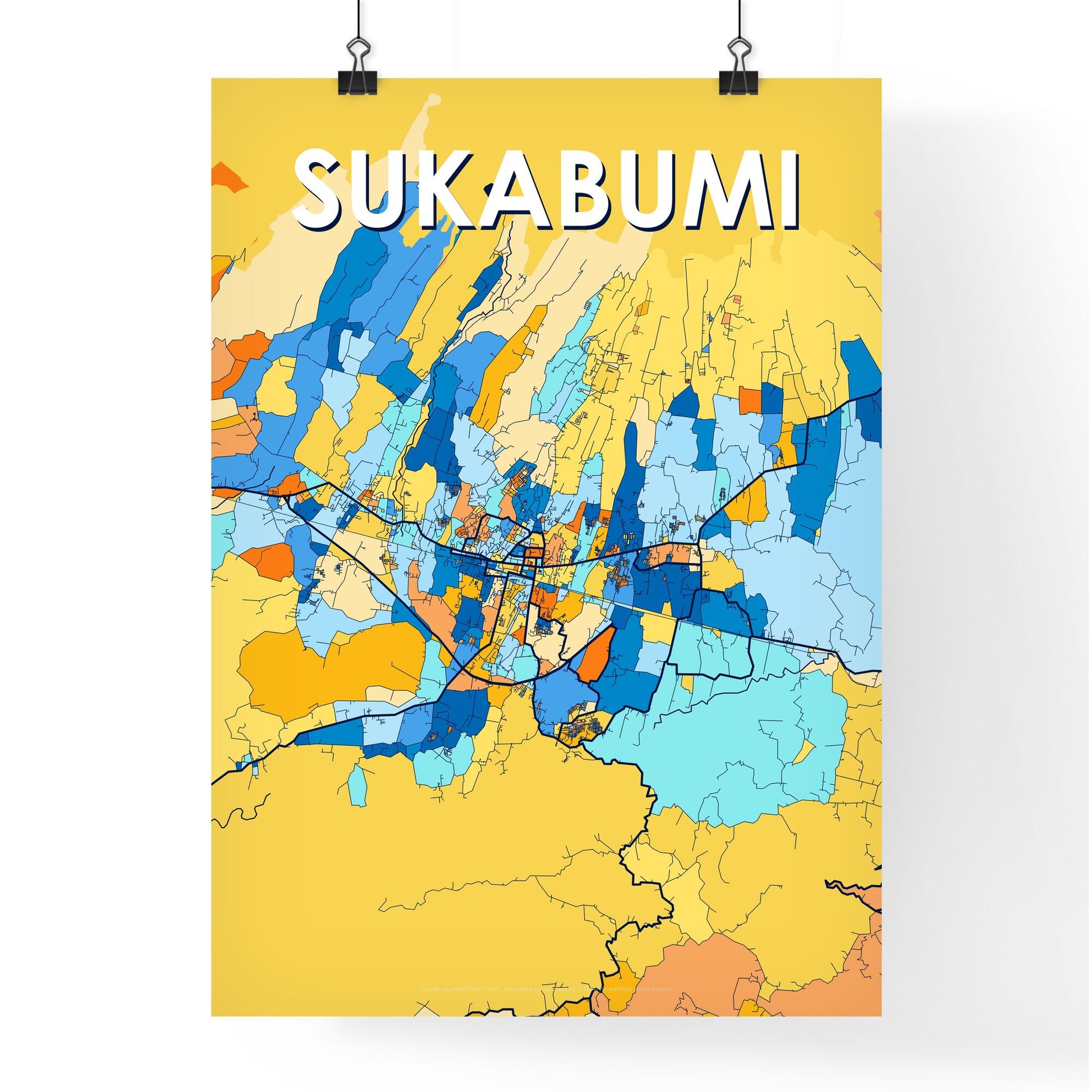 SUKABUMI INDONESIA Vibrant Colorful Art Map Poster Blue Orange