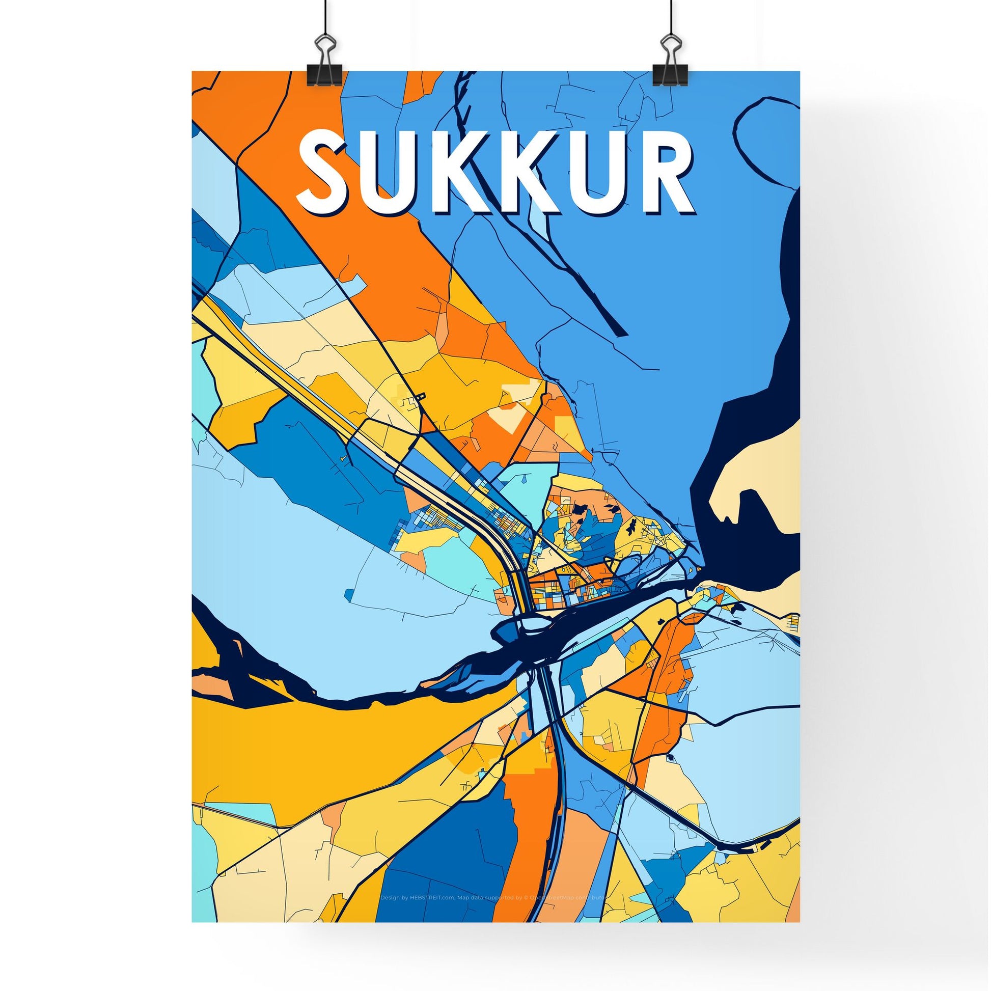 SUKKUR PAKISTAN Vibrant Colorful Art Map Poster Blue Orange