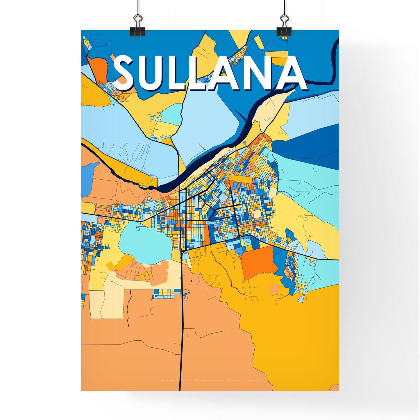 SULLANA PERU Vibrant Colorful Art Map Poster Blue Orange