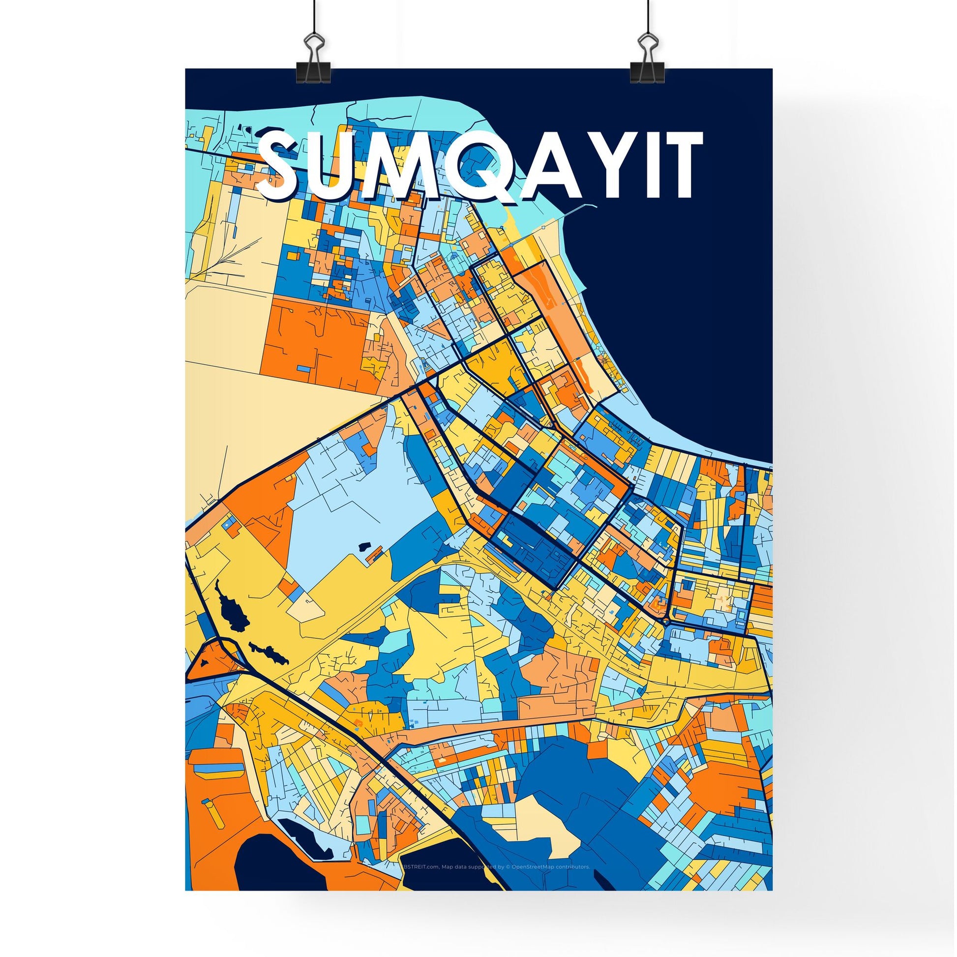 SUMQAYIT AZERBAIJAN Vibrant Colorful Art Map Poster Blue Orange