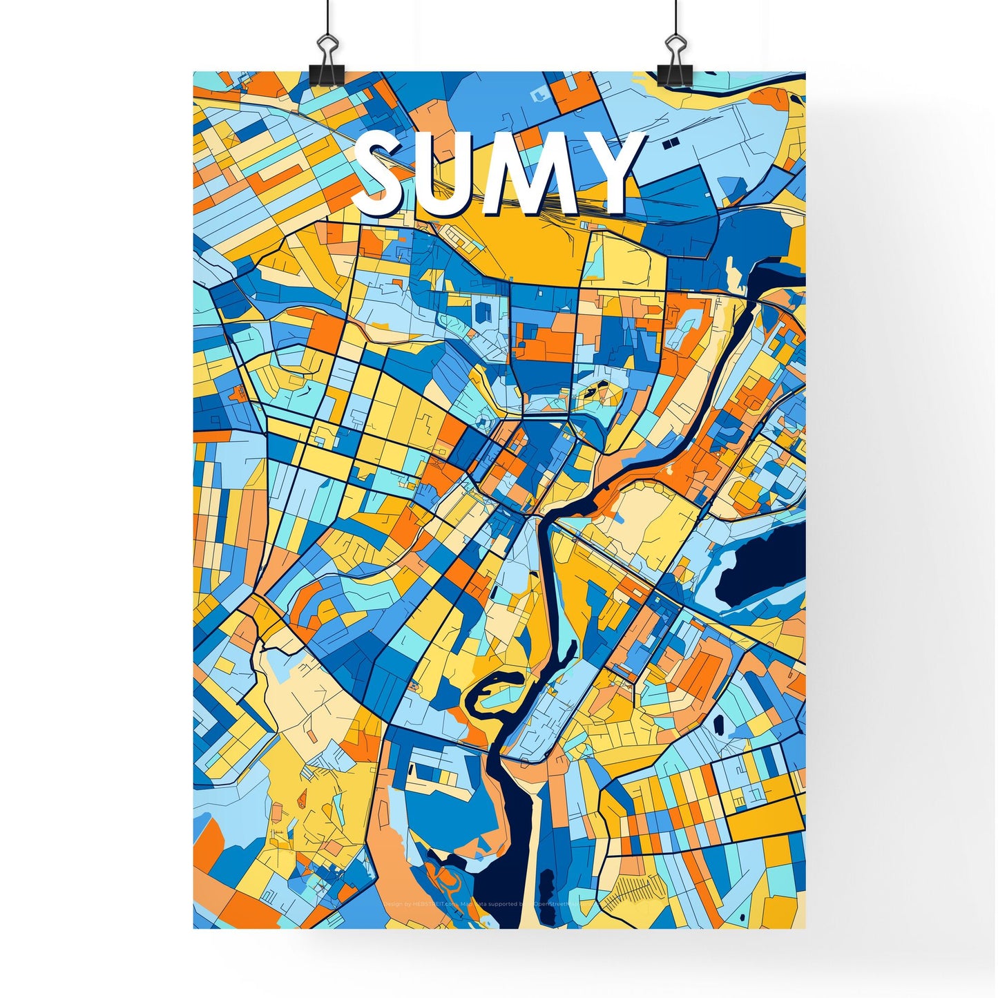 SUMY UKRAINE Vibrant Colorful Art Map Poster Blue Orange