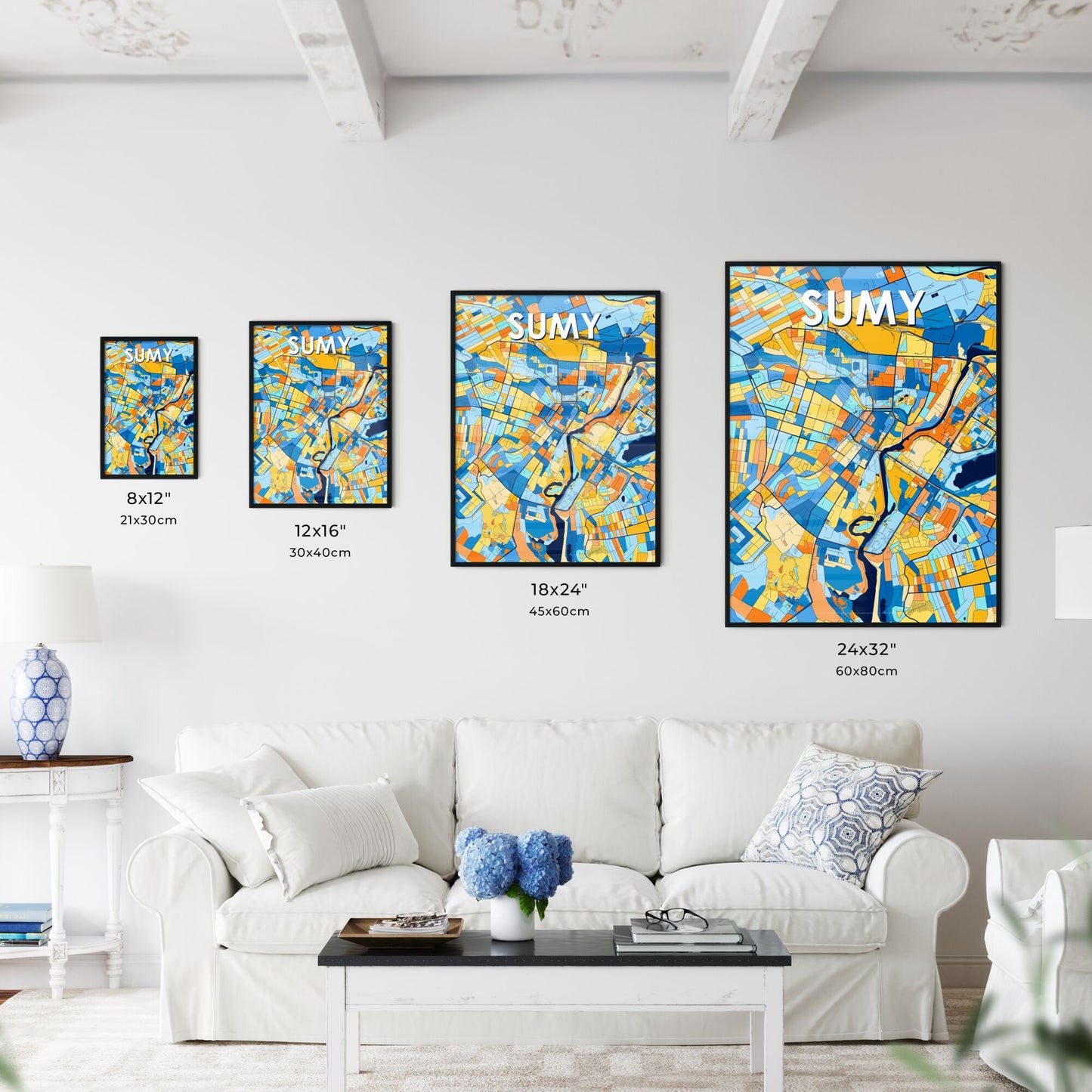 SUMY UKRAINE Vibrant Colorful Art Map Poster Blue Orange