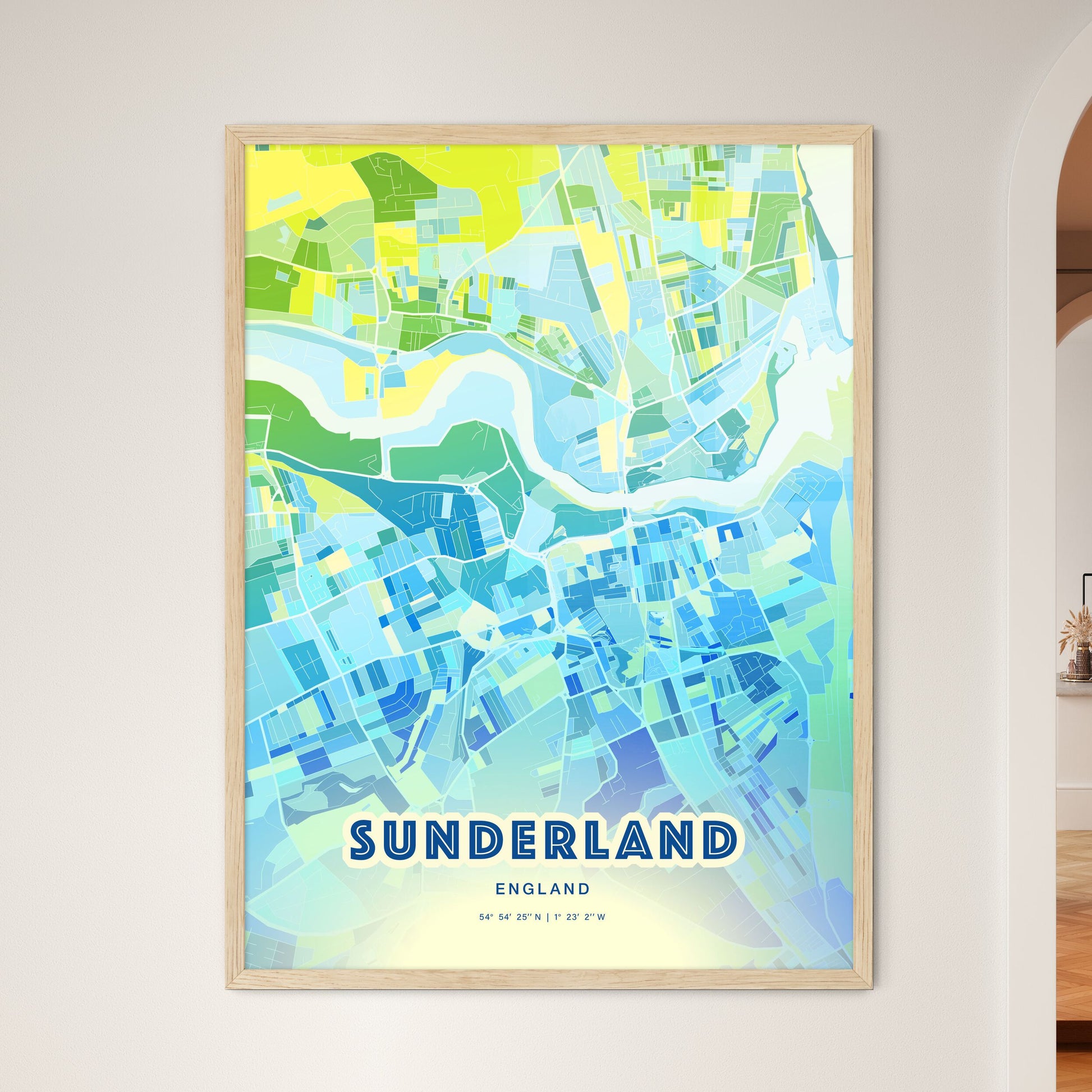 Colorful Sunderland England Fine Art Map Cool Blue