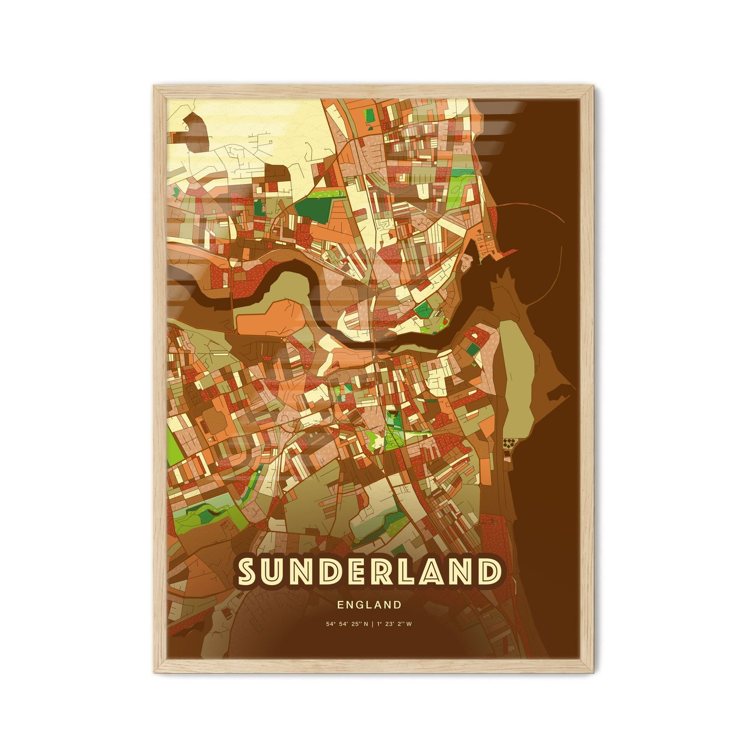 Colorful Sunderland England Fine Art Map Farmhouse