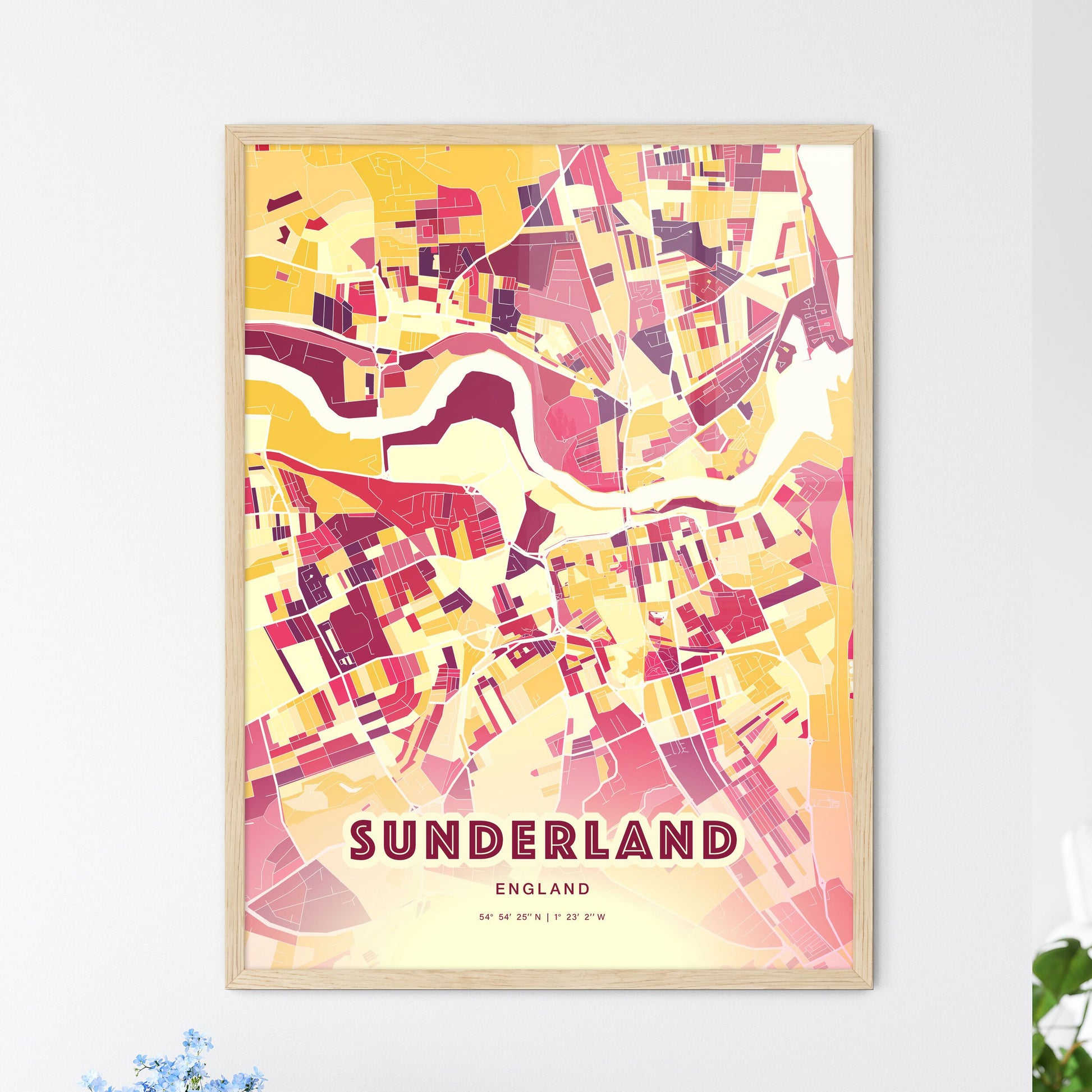 Colorful Sunderland England Fine Art Map Hot Red