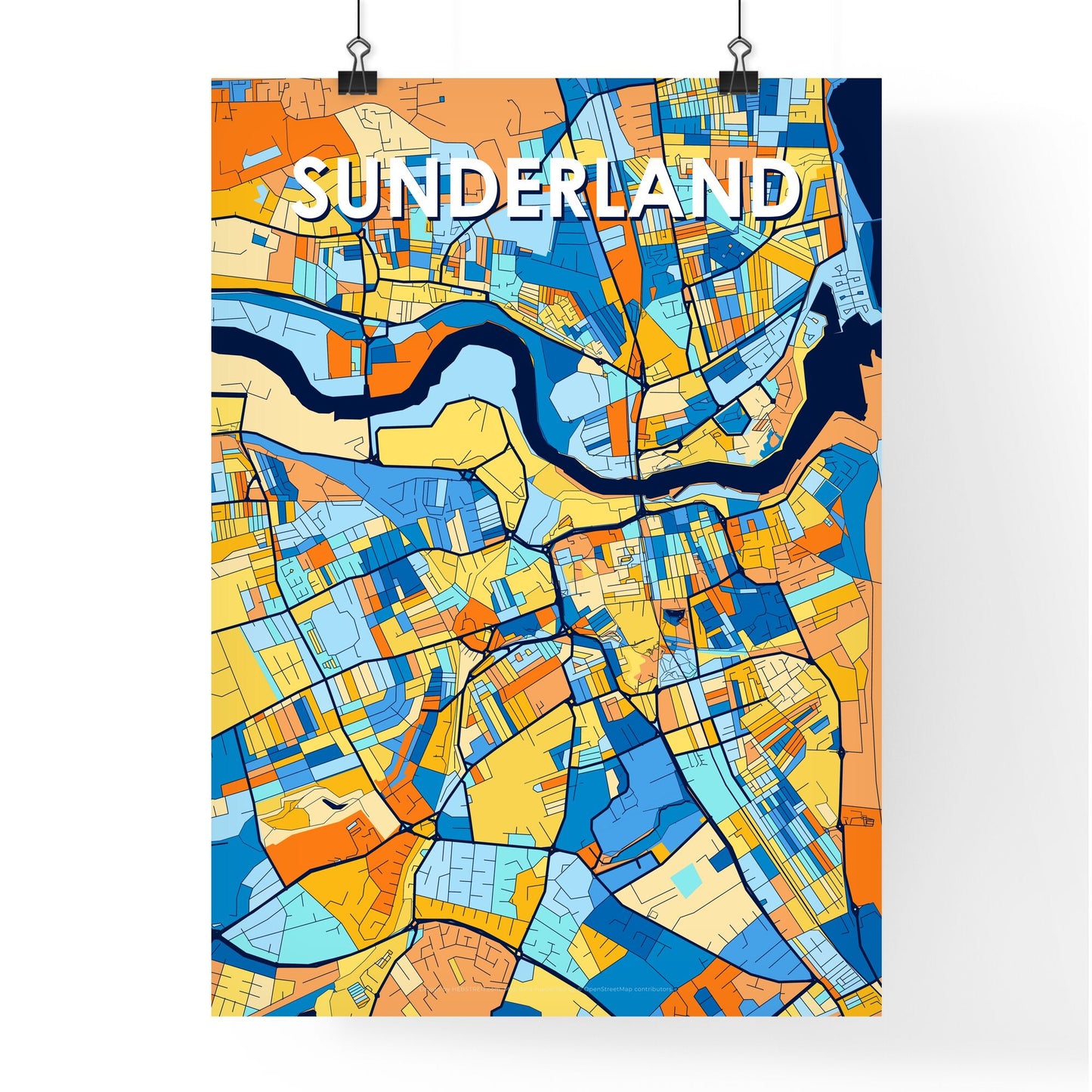 SUNDERLAND ENGLAND Vibrant Colorful Art Map Poster Blue Orange