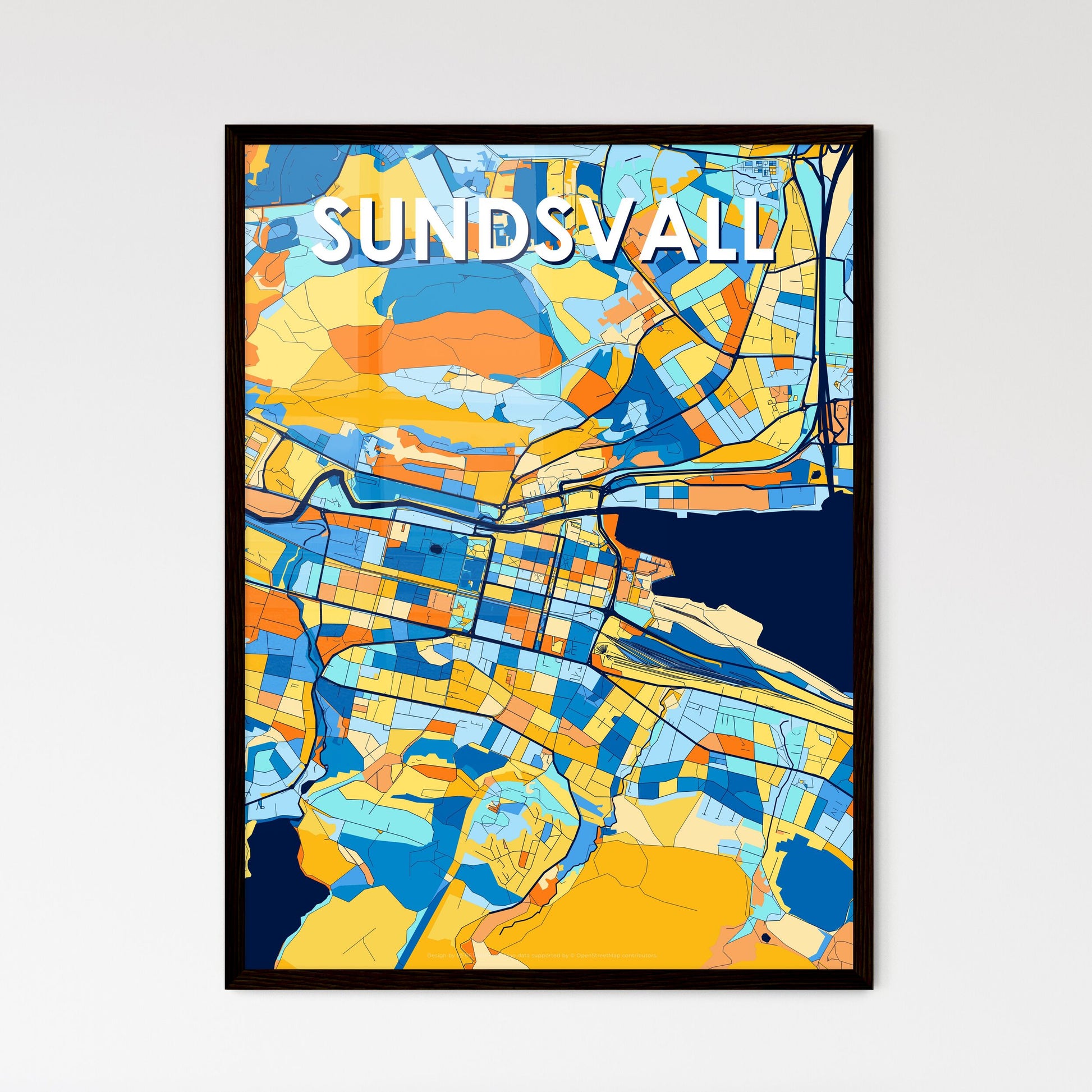 SUNDSVALL SWEDEN Vibrant Colorful Art Map Poster Blue Orange