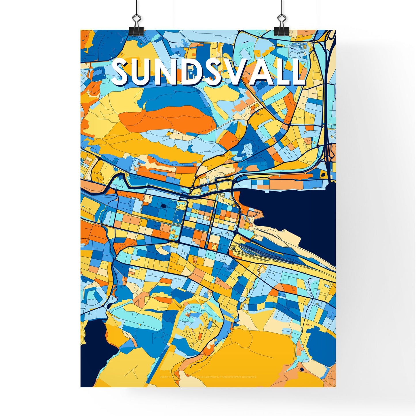 SUNDSVALL SWEDEN Vibrant Colorful Art Map Poster Blue Orange