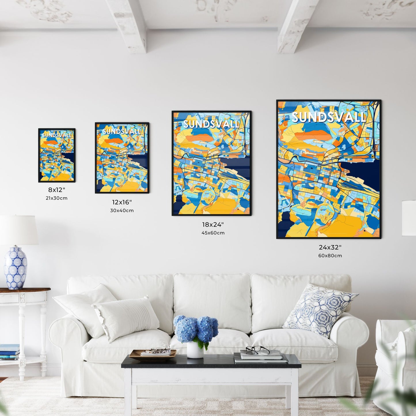 SUNDSVALL SWEDEN Vibrant Colorful Art Map Poster Blue Orange