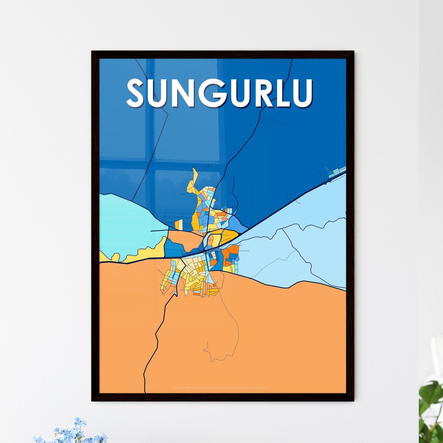 SUNGURLU TURKEY Vibrant Colorful Art Map Poster Blue Orange