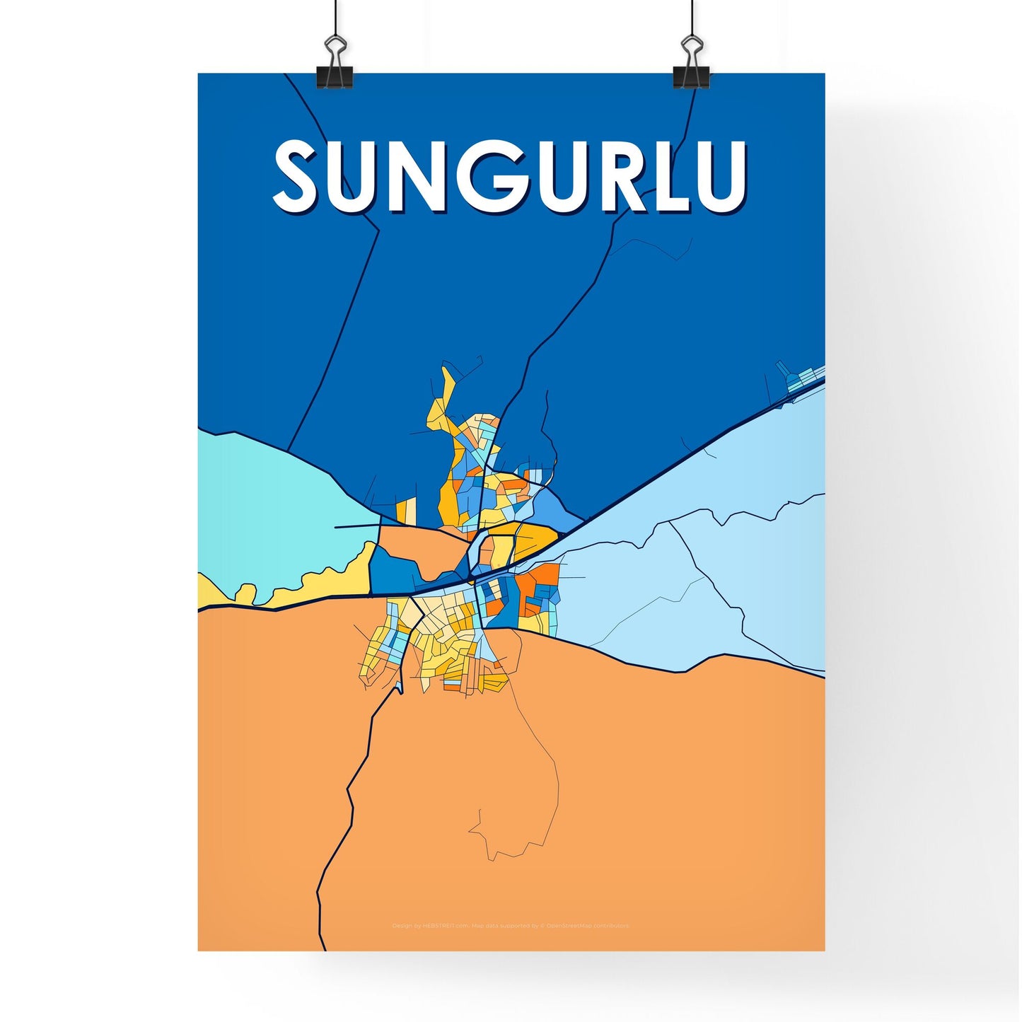 SUNGURLU TURKEY Vibrant Colorful Art Map Poster Blue Orange