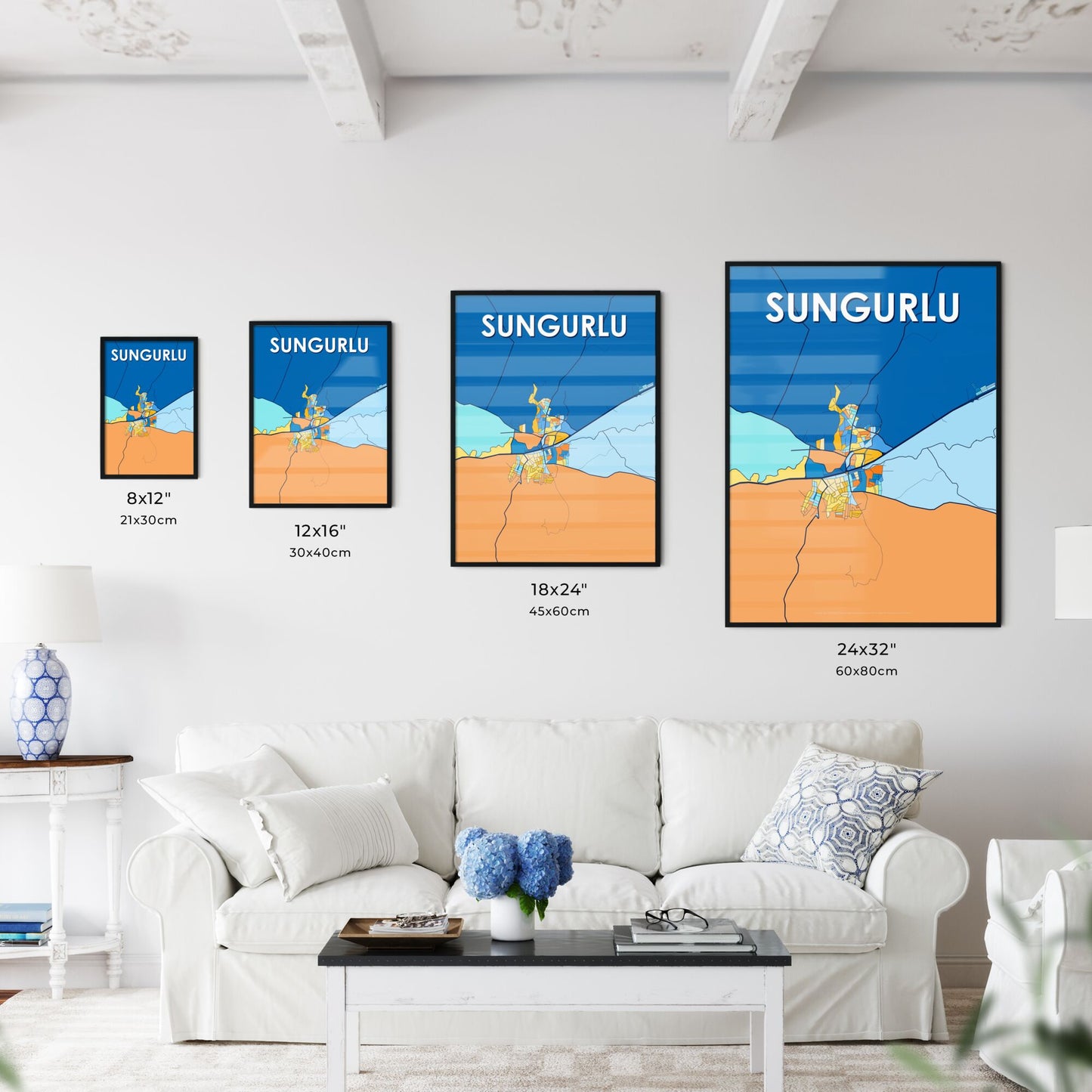 SUNGURLU TURKEY Vibrant Colorful Art Map Poster Blue Orange