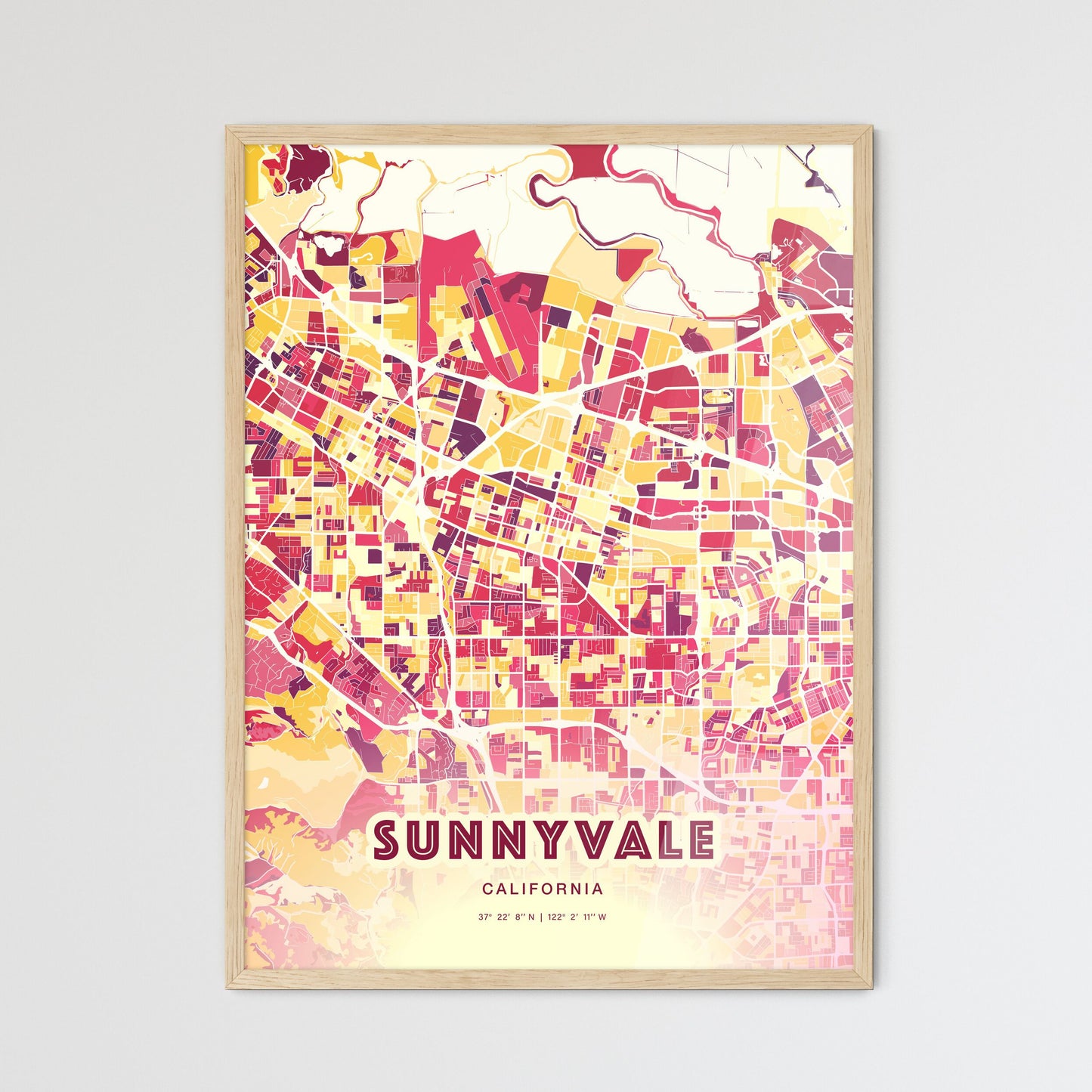 Colorful Sunnyvale California Fine Art Map Hot Red