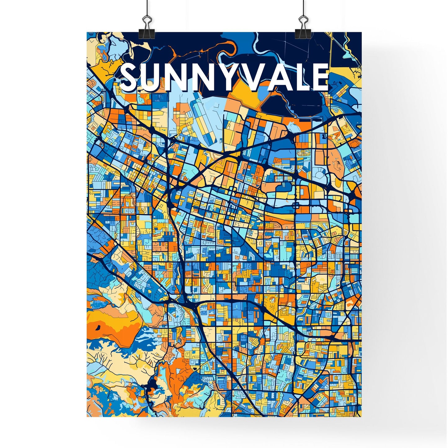 SUNNYVALE CALIFORNIA Vibrant Colorful Art Map Poster Blue Orange