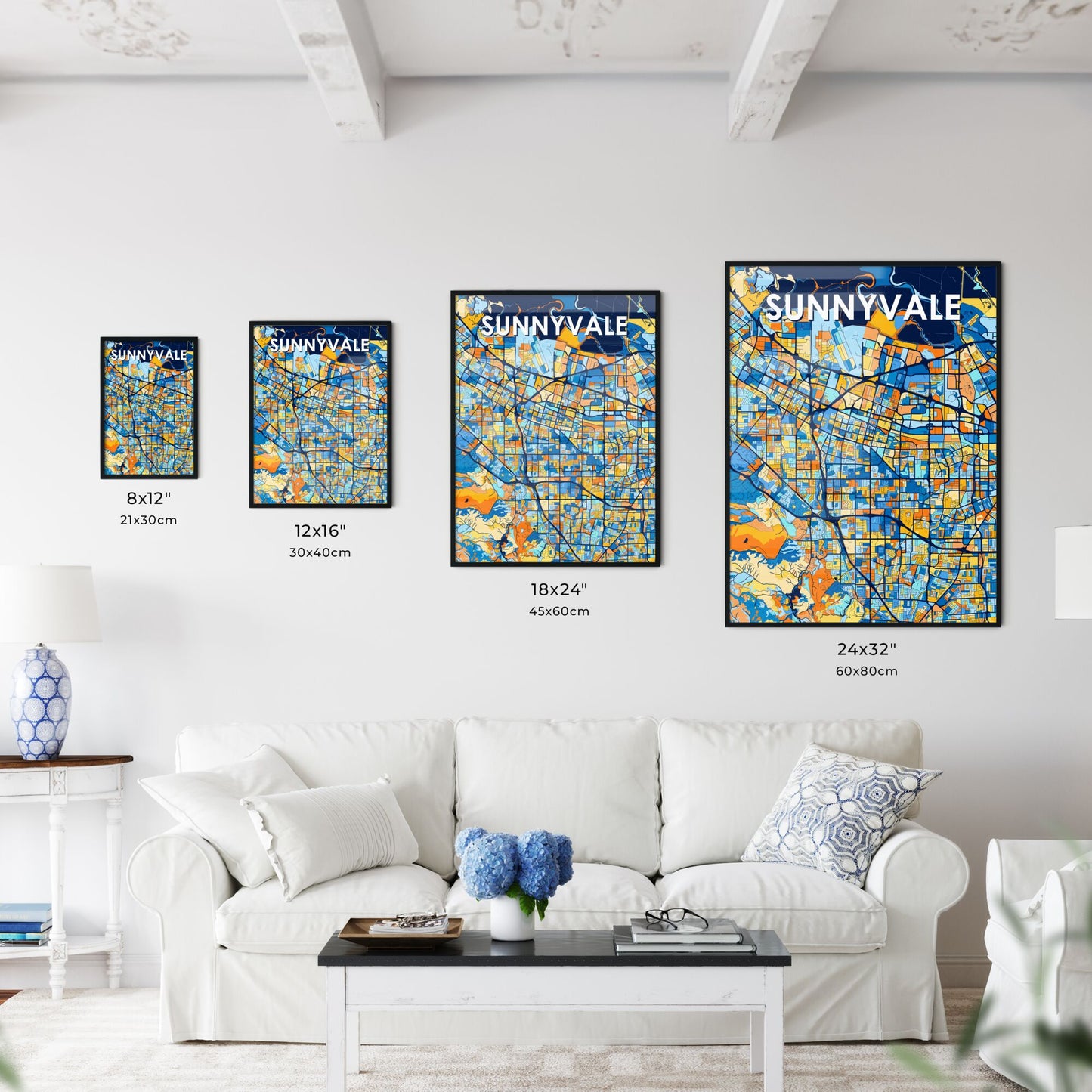 SUNNYVALE CALIFORNIA Vibrant Colorful Art Map Poster Blue Orange