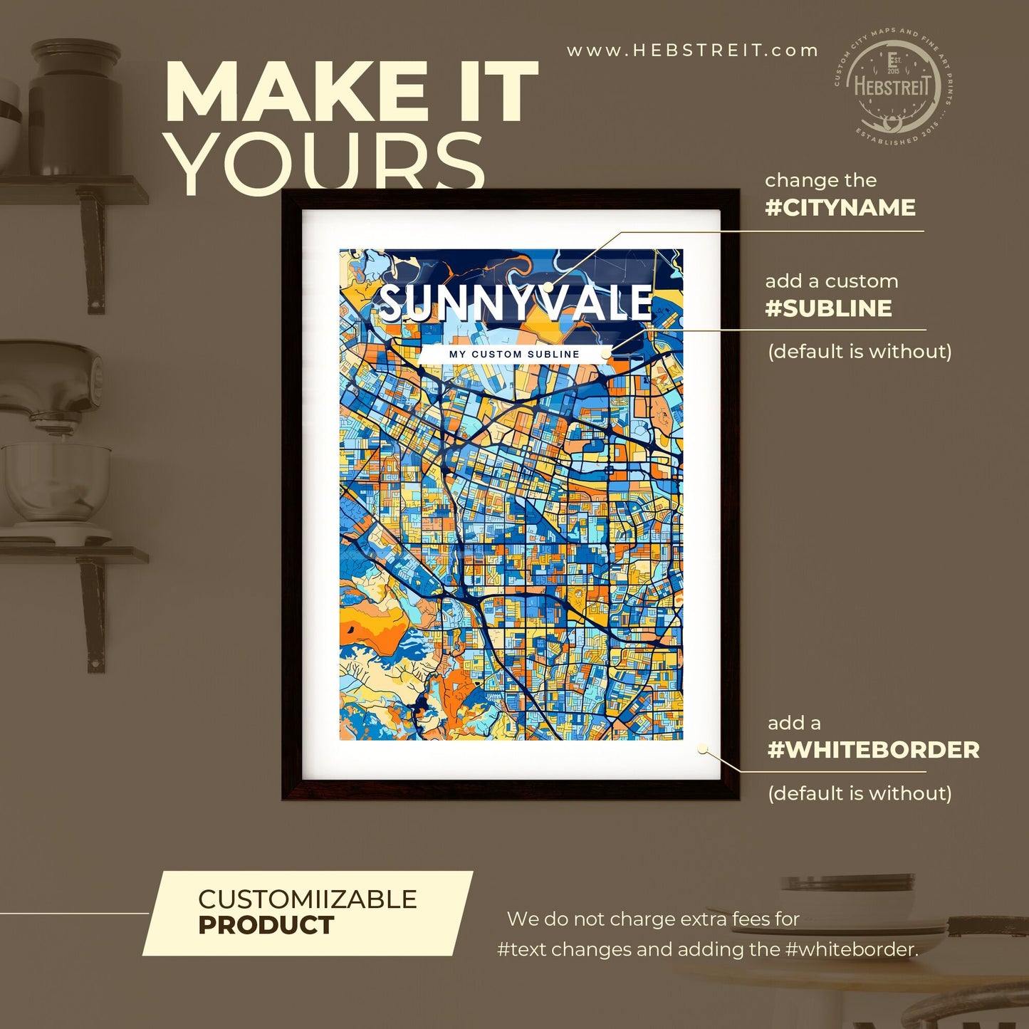 SUNNYVALE CALIFORNIA Vibrant Colorful Art Map Poster Blue Orange