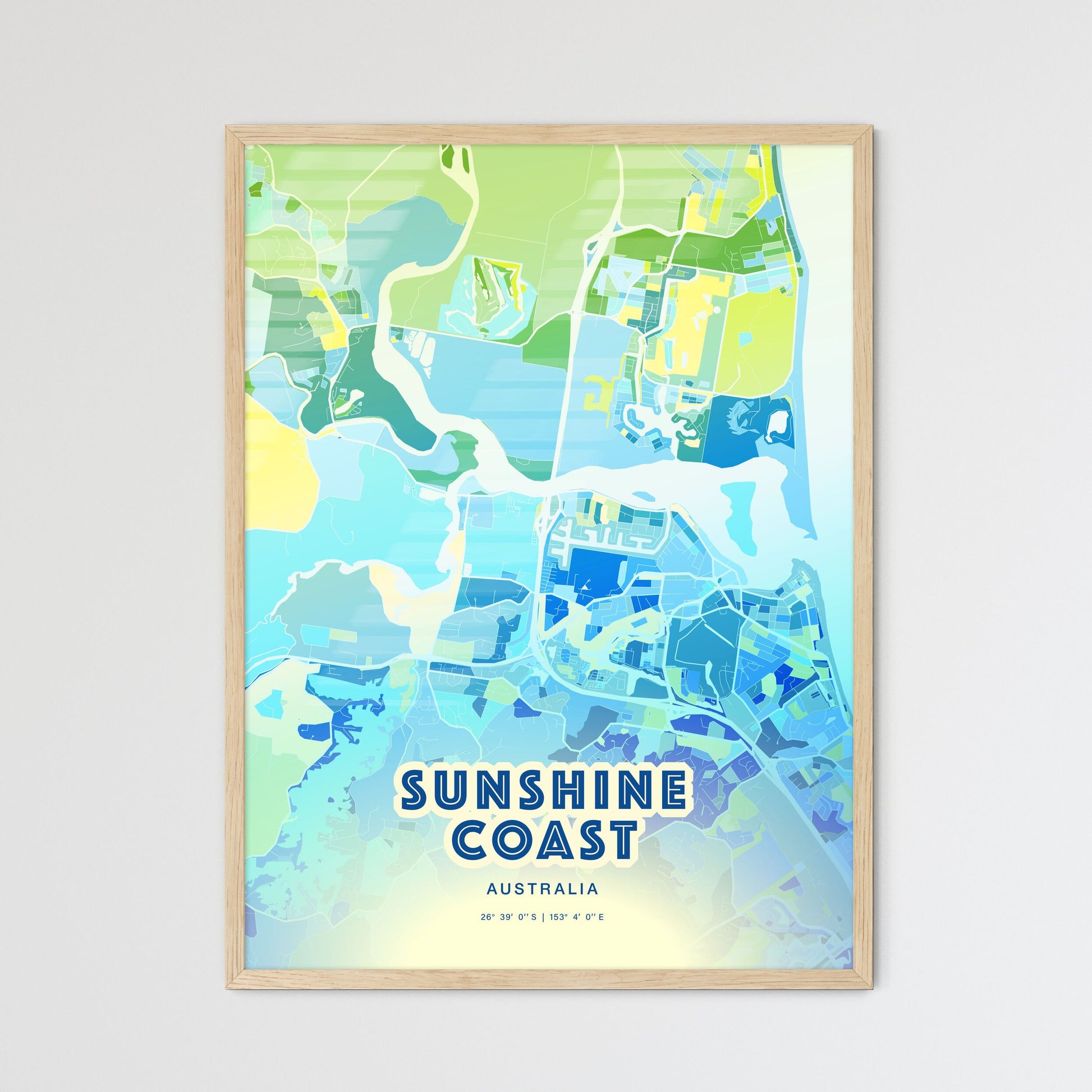 Colorful Sunshine Coast Australia Fine Art Map Cool Blue