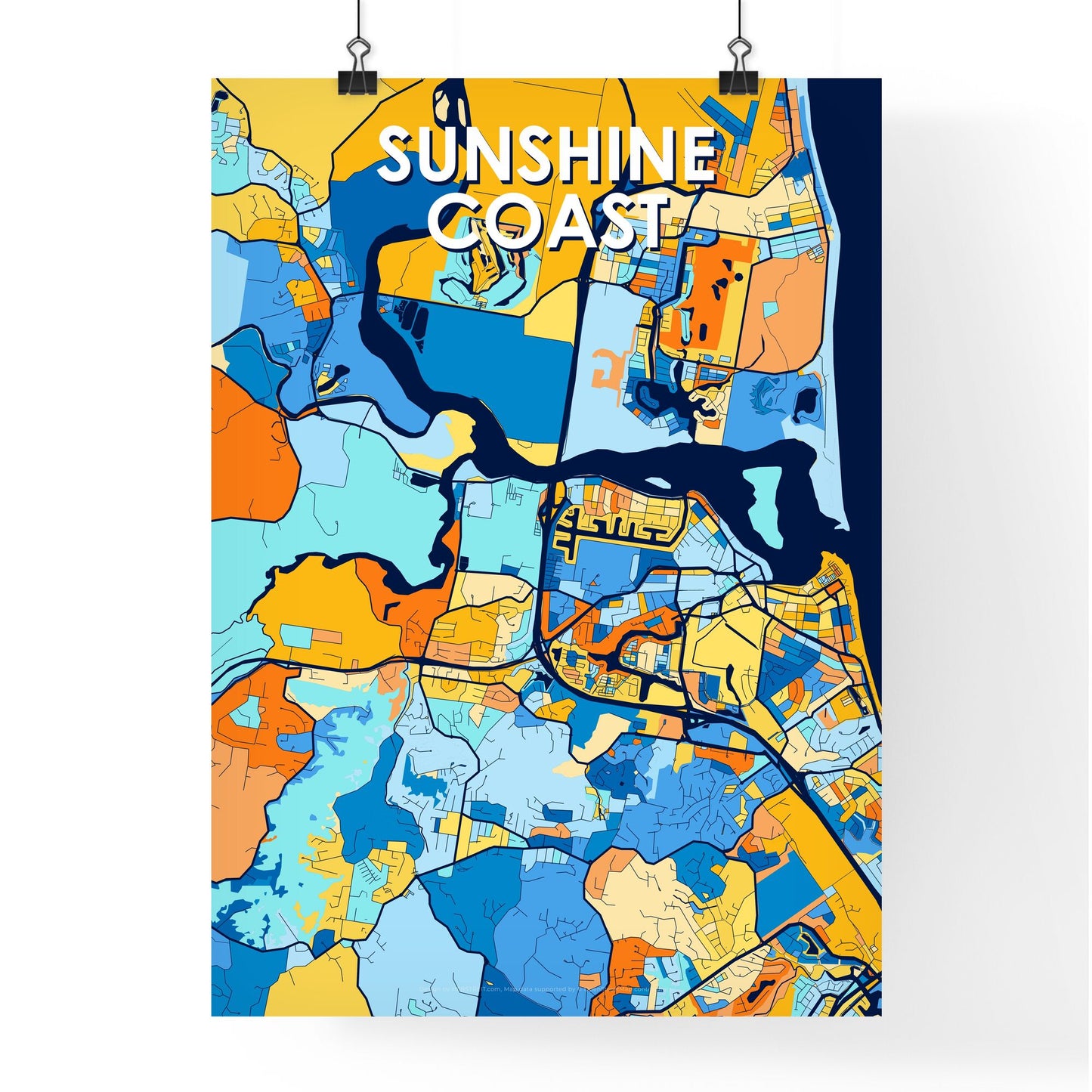 SUNSHINE COAST AUSTRALIA Vibrant Colorful Art Map Poster Blue Orange