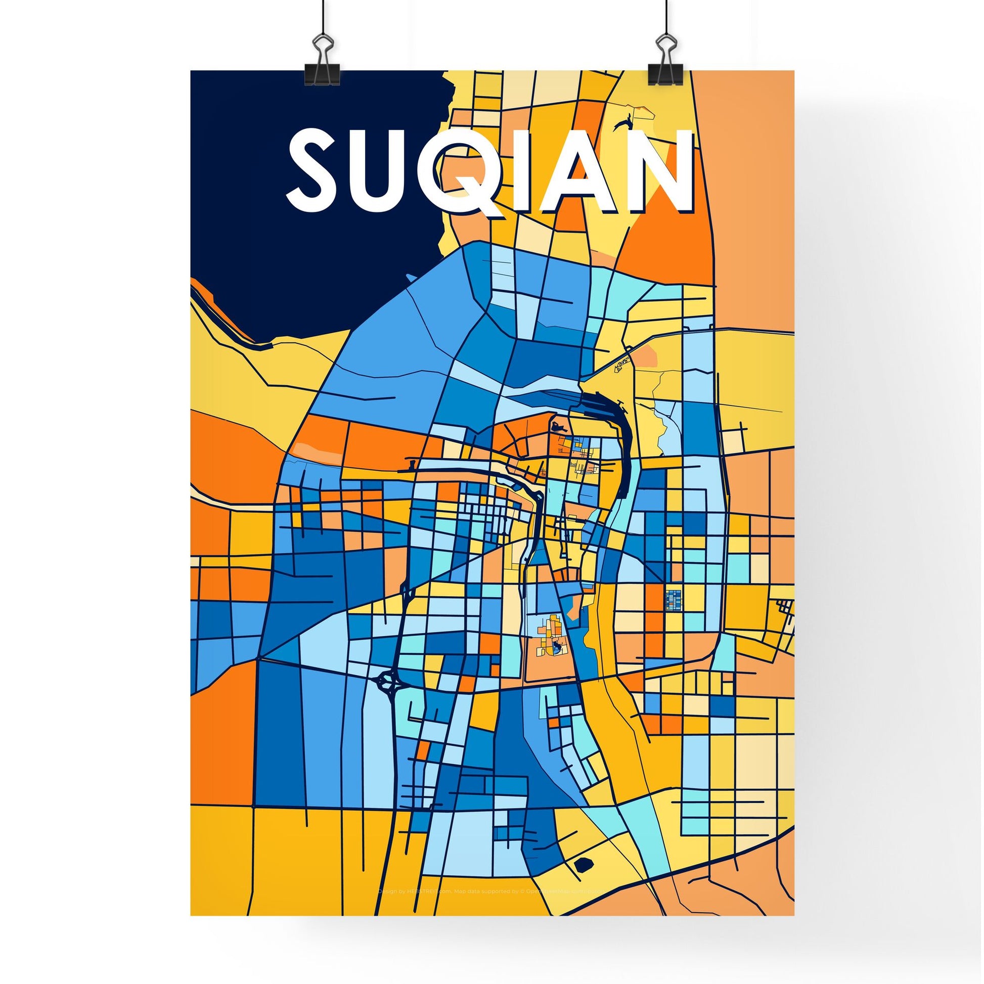 SUQIAN CHINA Vibrant Colorful Art Map Poster Blue Orange