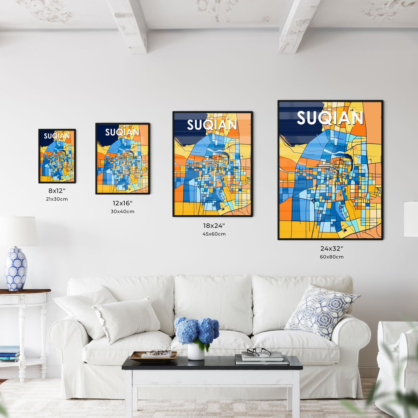 SUQIAN CHINA Vibrant Colorful Art Map Poster Blue Orange