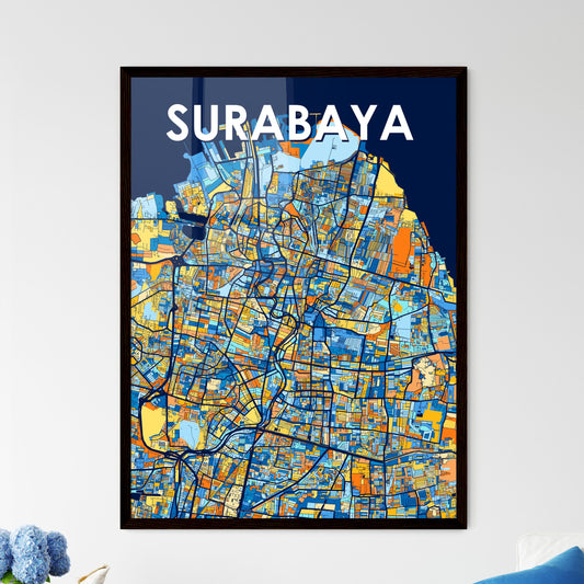 SURABAYA INDONESIA Vibrant Colorful Art Map Poster Blue Orange