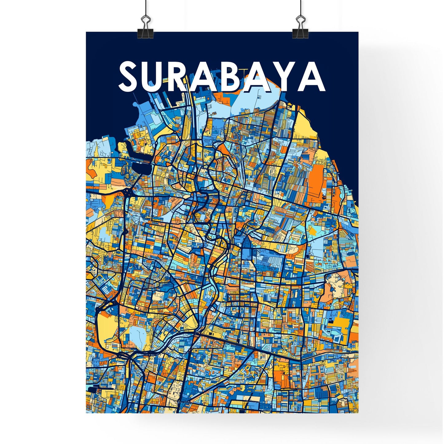 SURABAYA INDONESIA Vibrant Colorful Art Map Poster Blue Orange