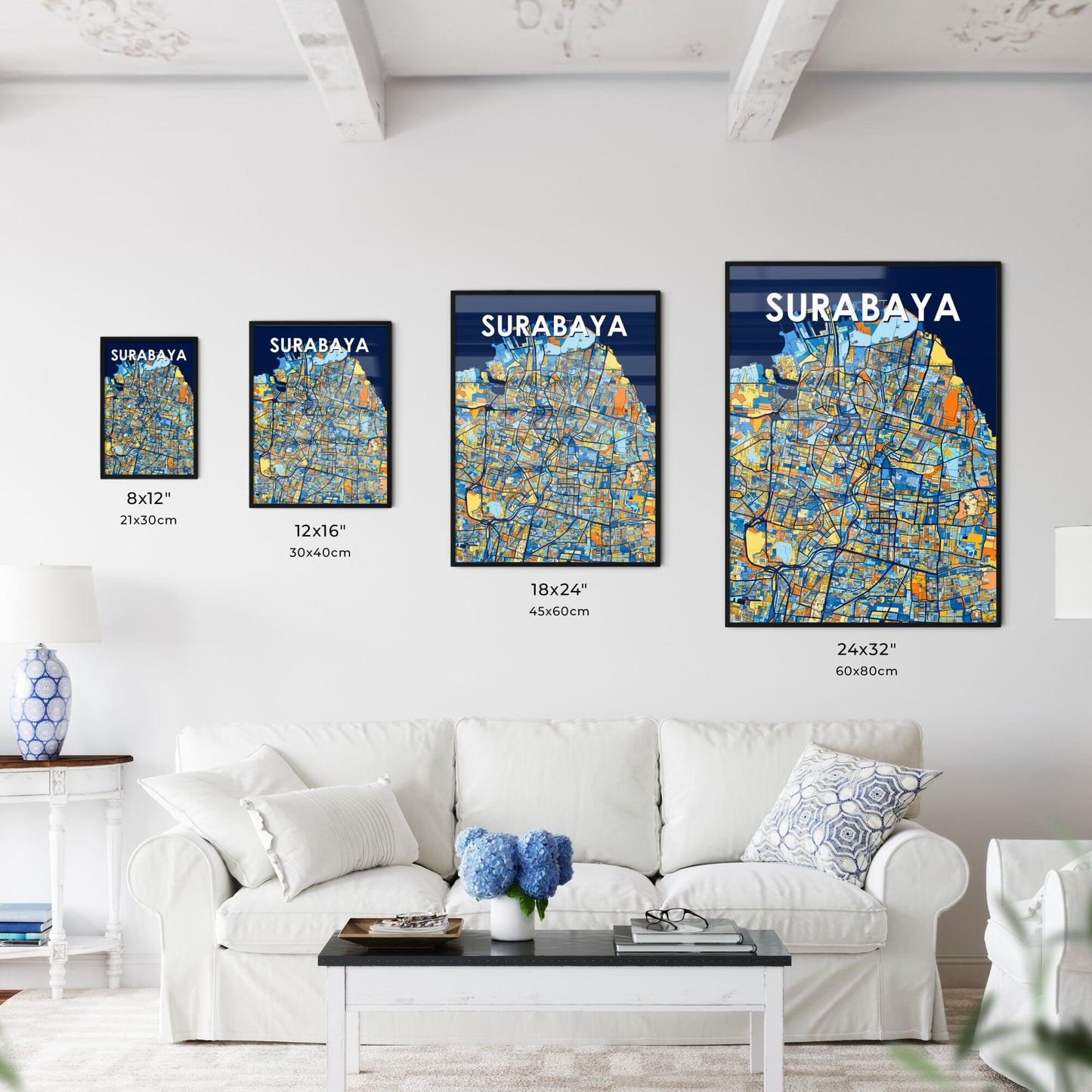 SURABAYA INDONESIA Vibrant Colorful Art Map Poster Blue Orange