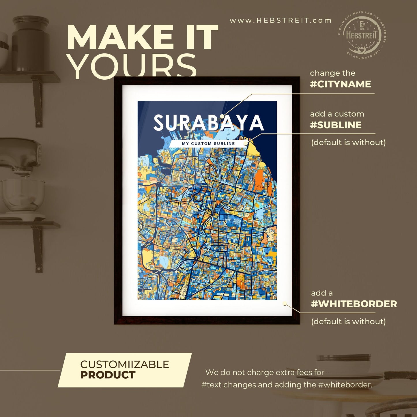 SURABAYA INDONESIA Vibrant Colorful Art Map Poster Blue Orange