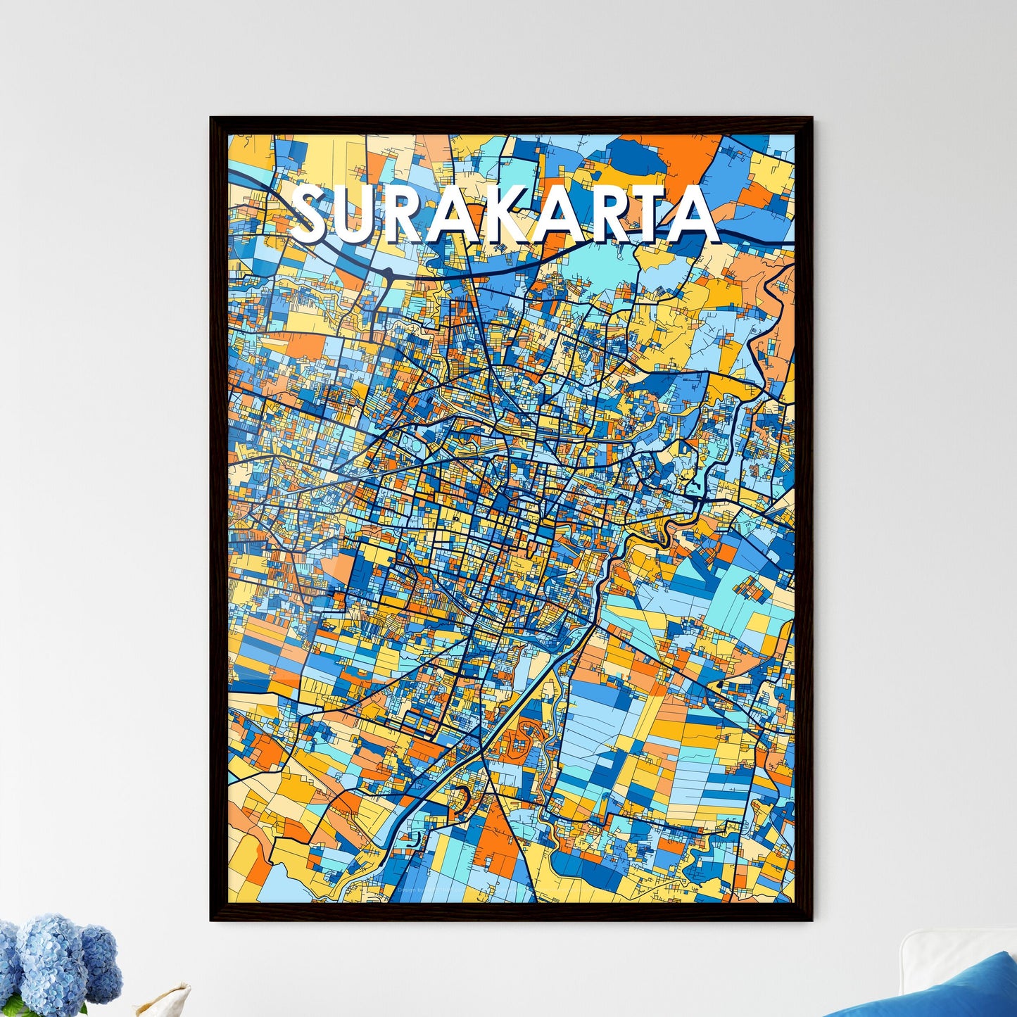 SURAKARTA INDONESIA Vibrant Colorful Art Map Poster Blue Orange