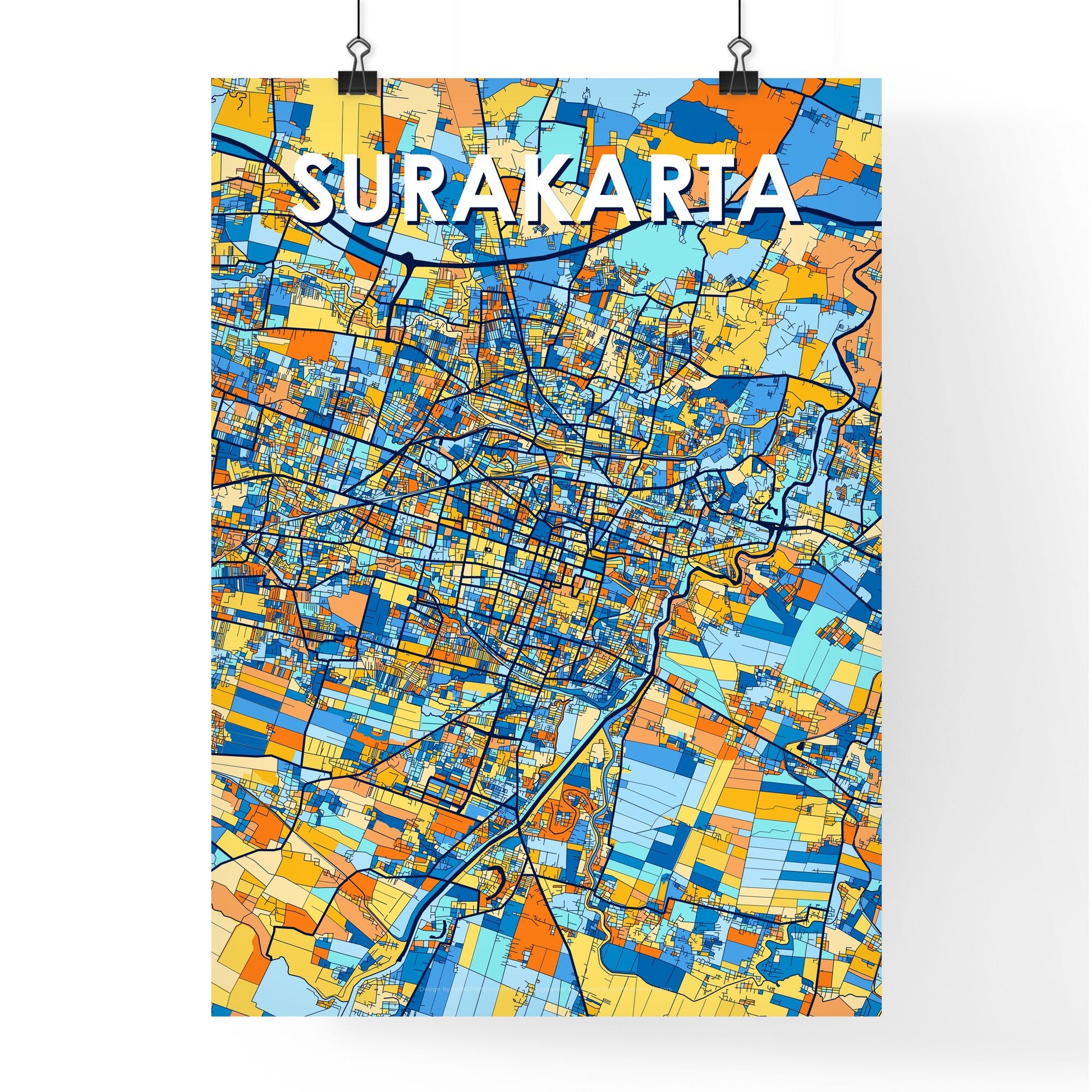 SURAKARTA INDONESIA Vibrant Colorful Art Map Poster Blue Orange