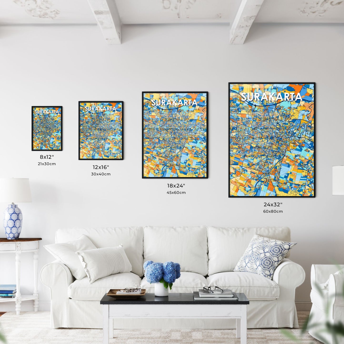 SURAKARTA INDONESIA Vibrant Colorful Art Map Poster Blue Orange