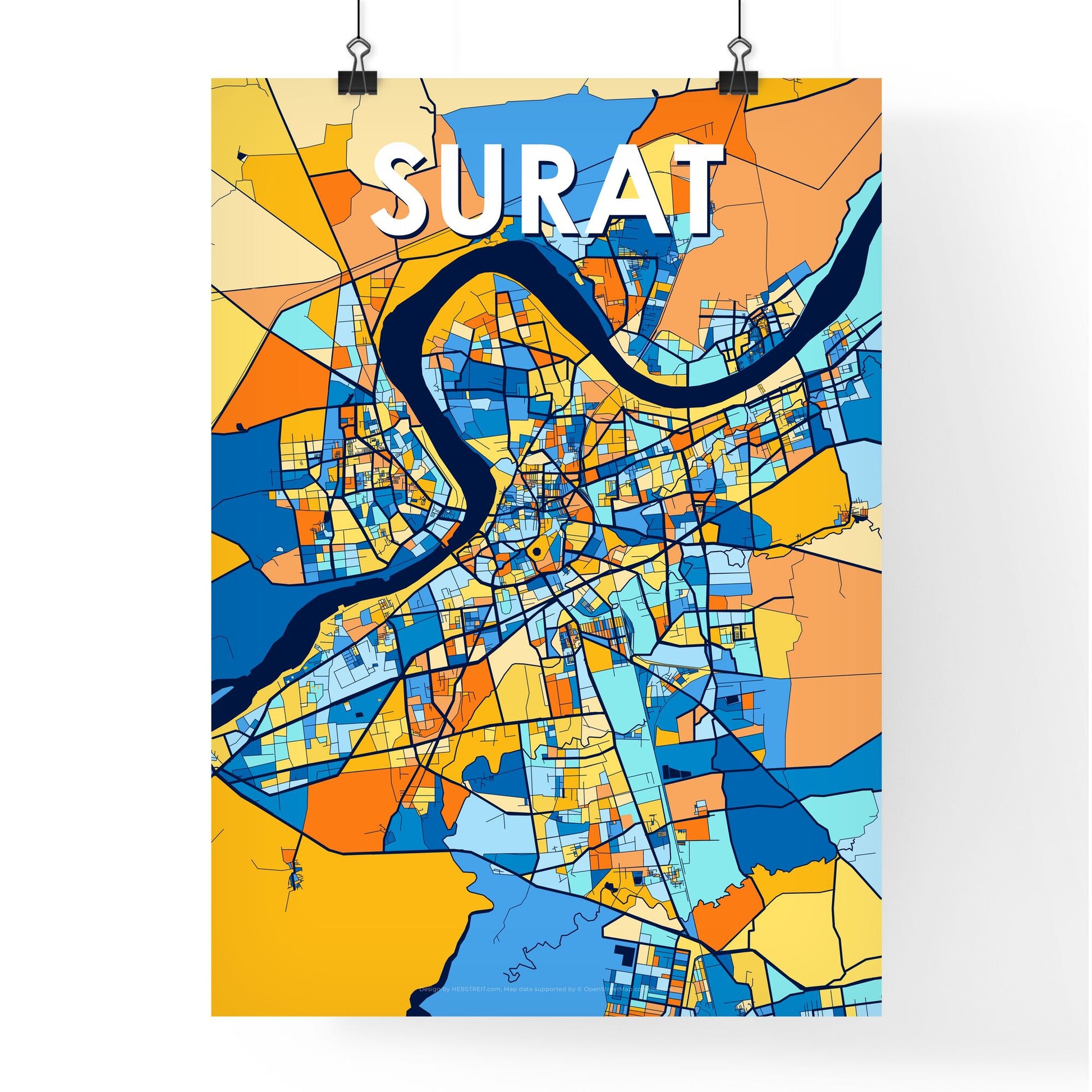 SURAT INDIA Vibrant Colorful Art Map Poster Blue Orange