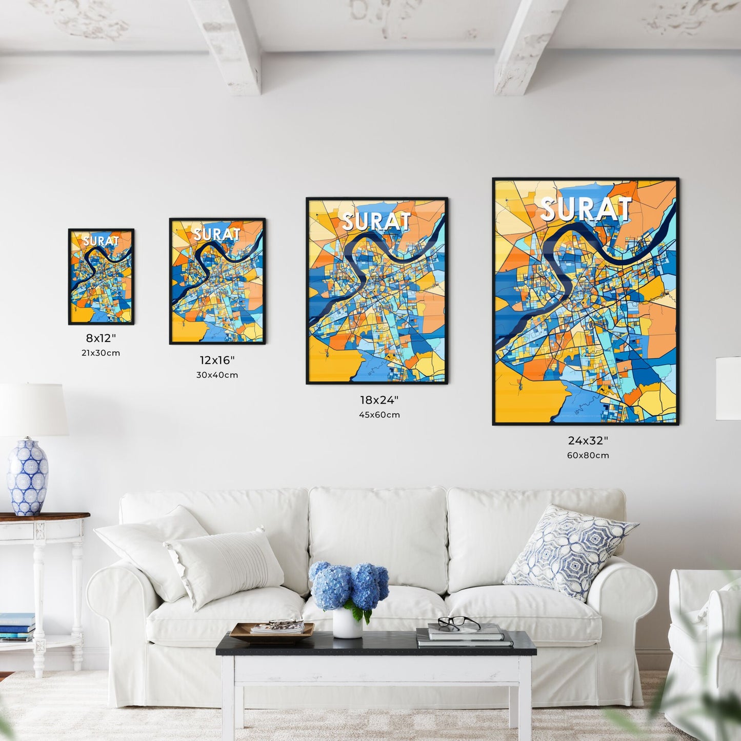 SURAT INDIA Vibrant Colorful Art Map Poster Blue Orange