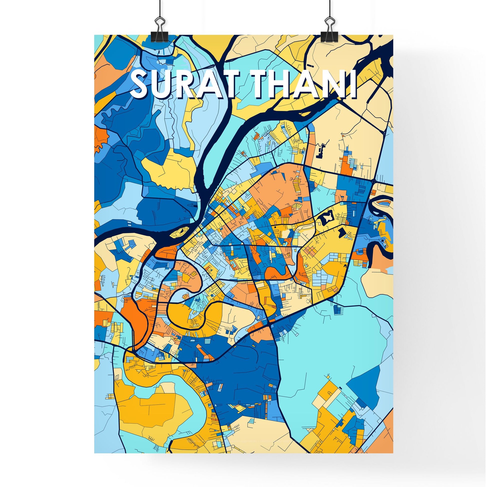 SURAT THANI THAILAND Vibrant Colorful Art Map Poster Blue Orange