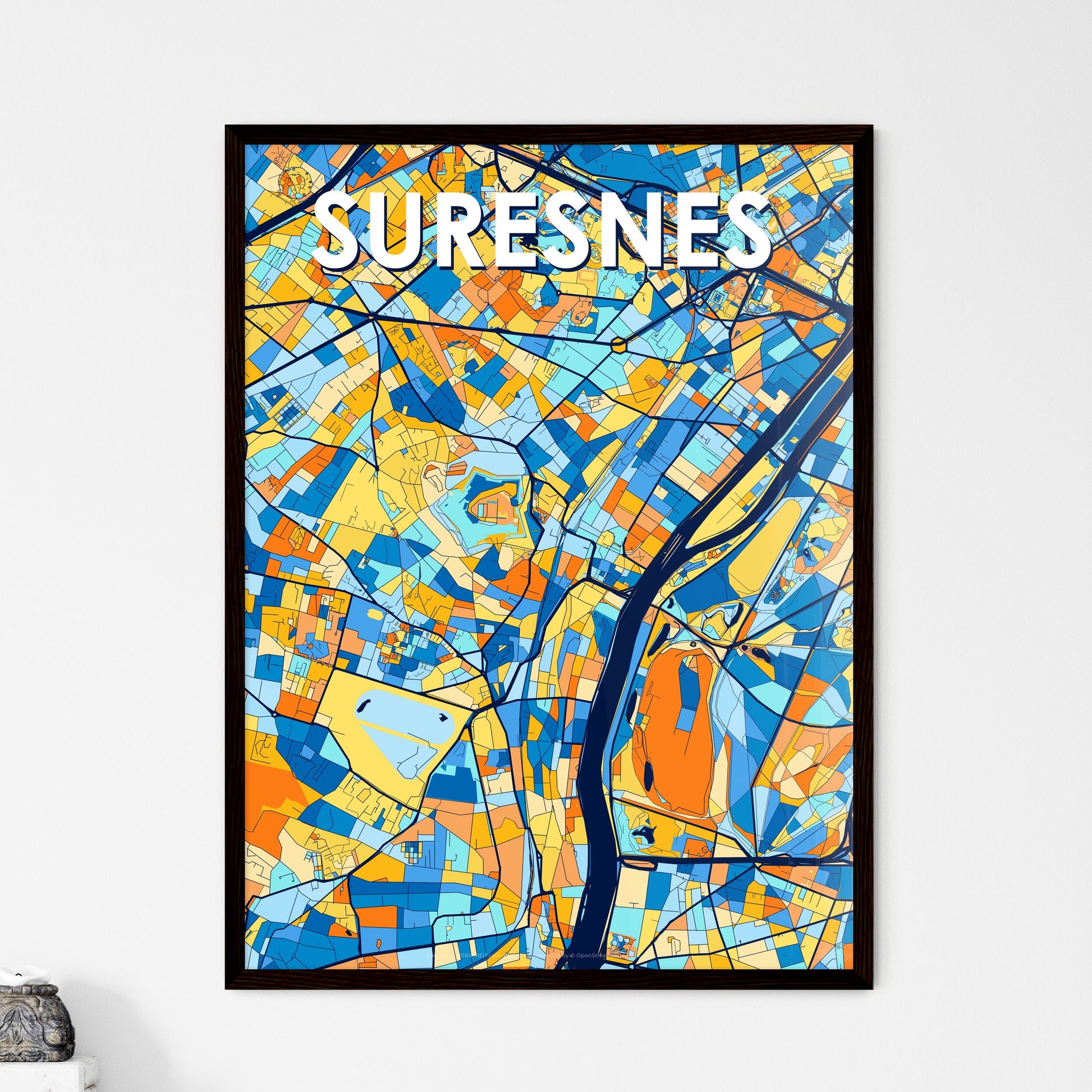 SURESNES FRANCE Vibrant Colorful Art Map Poster Blue Orange