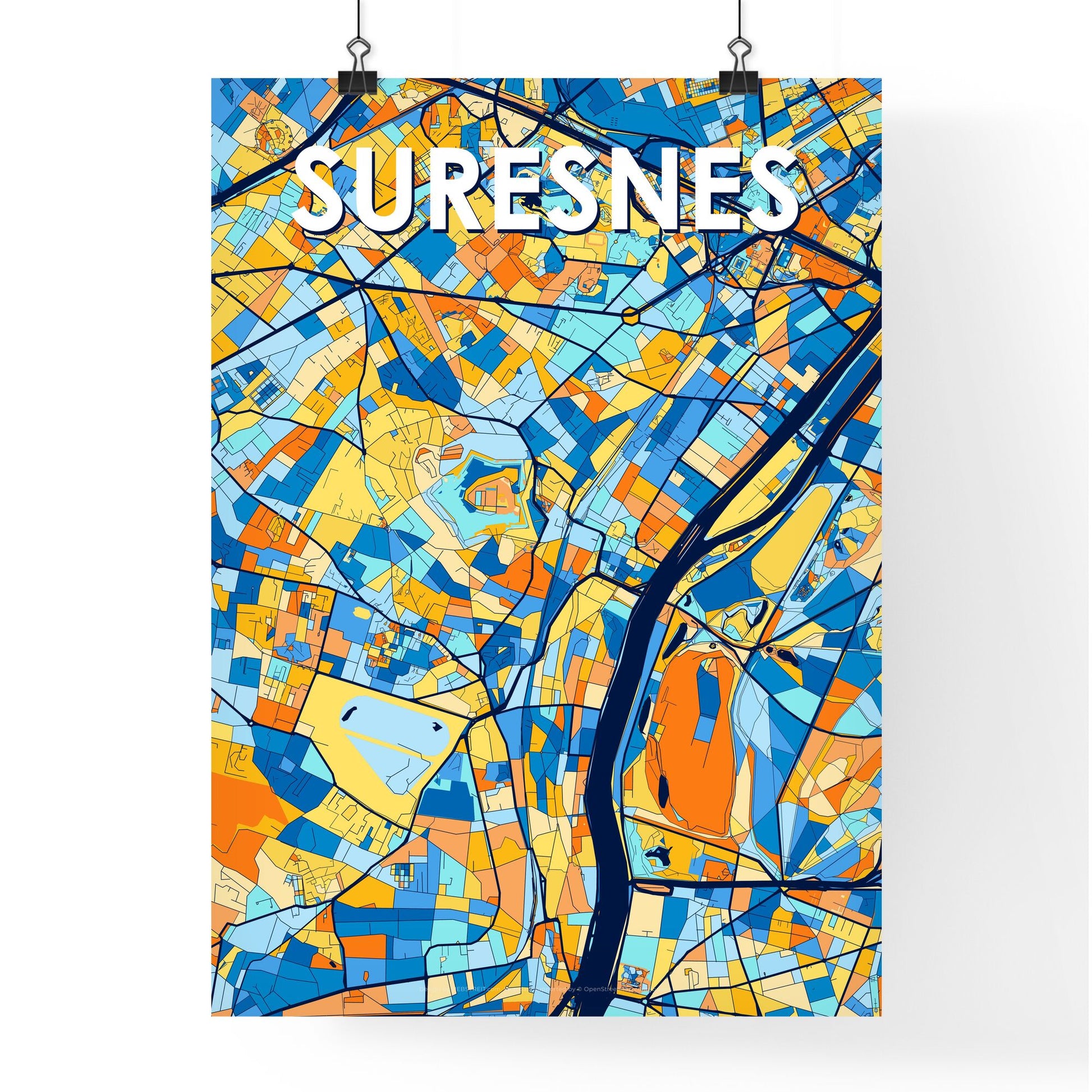 SURESNES FRANCE Vibrant Colorful Art Map Poster Blue Orange