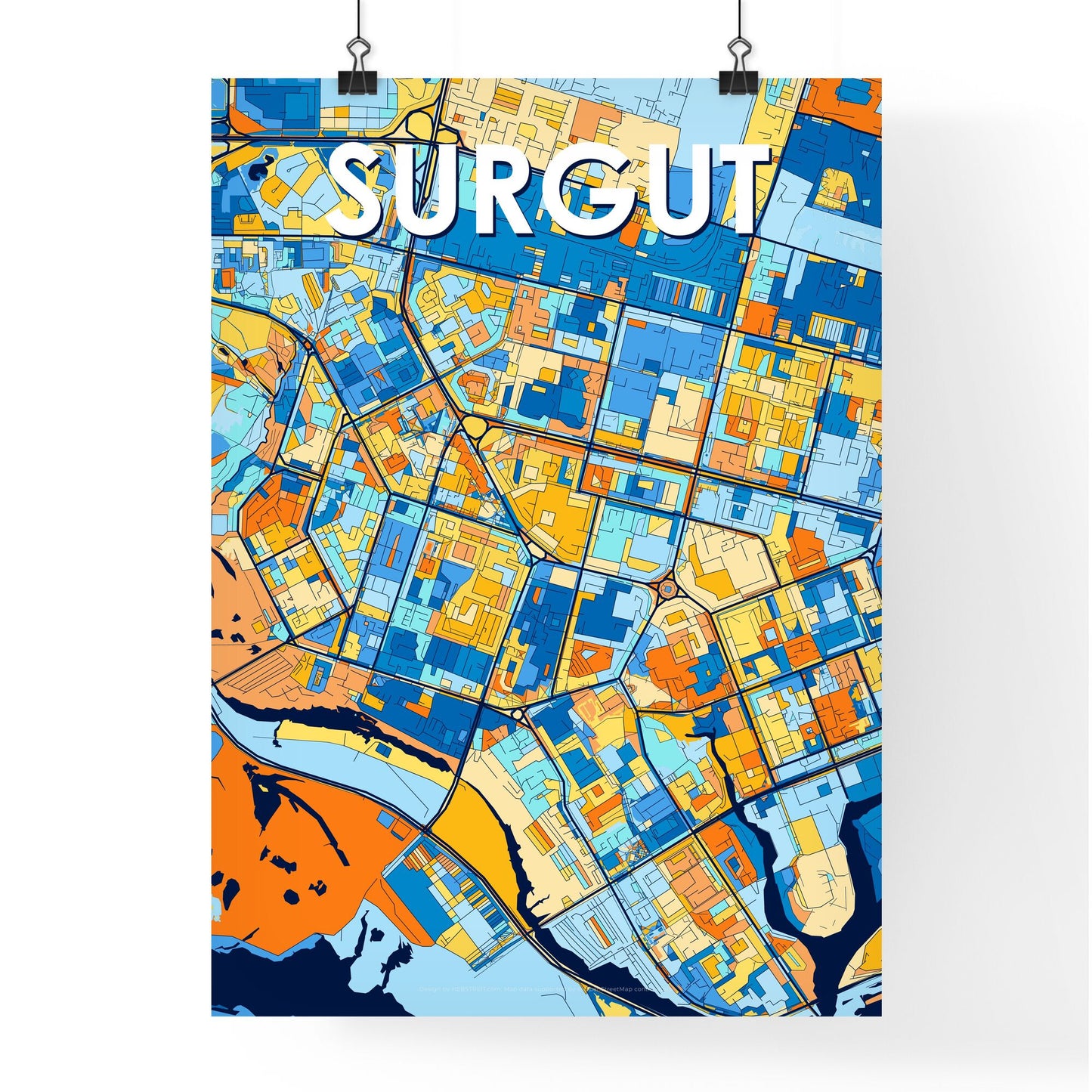 SURGUT RUSSIA Vibrant Colorful Art Map Poster Blue Orange