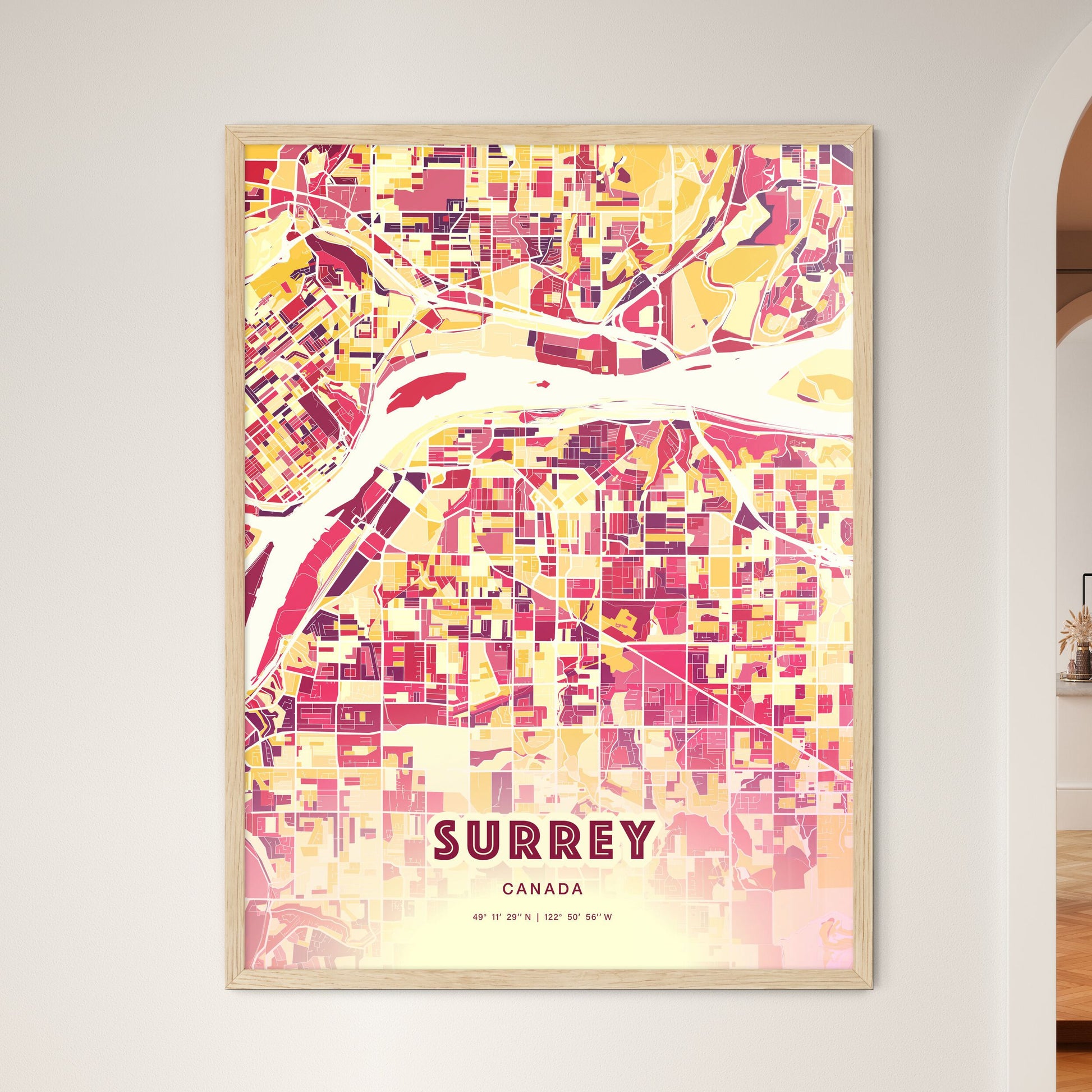 Colorful Surrey Canada Fine Art Map Hot Red