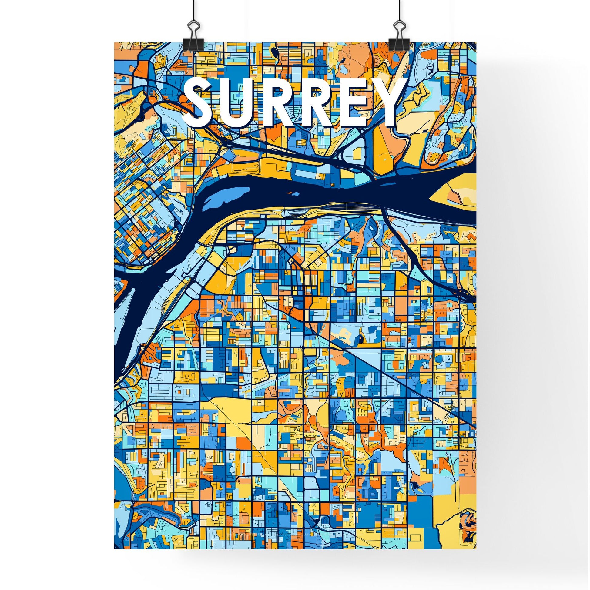 SURREY CANADA Vibrant Colorful Art Map Poster Blue Orange