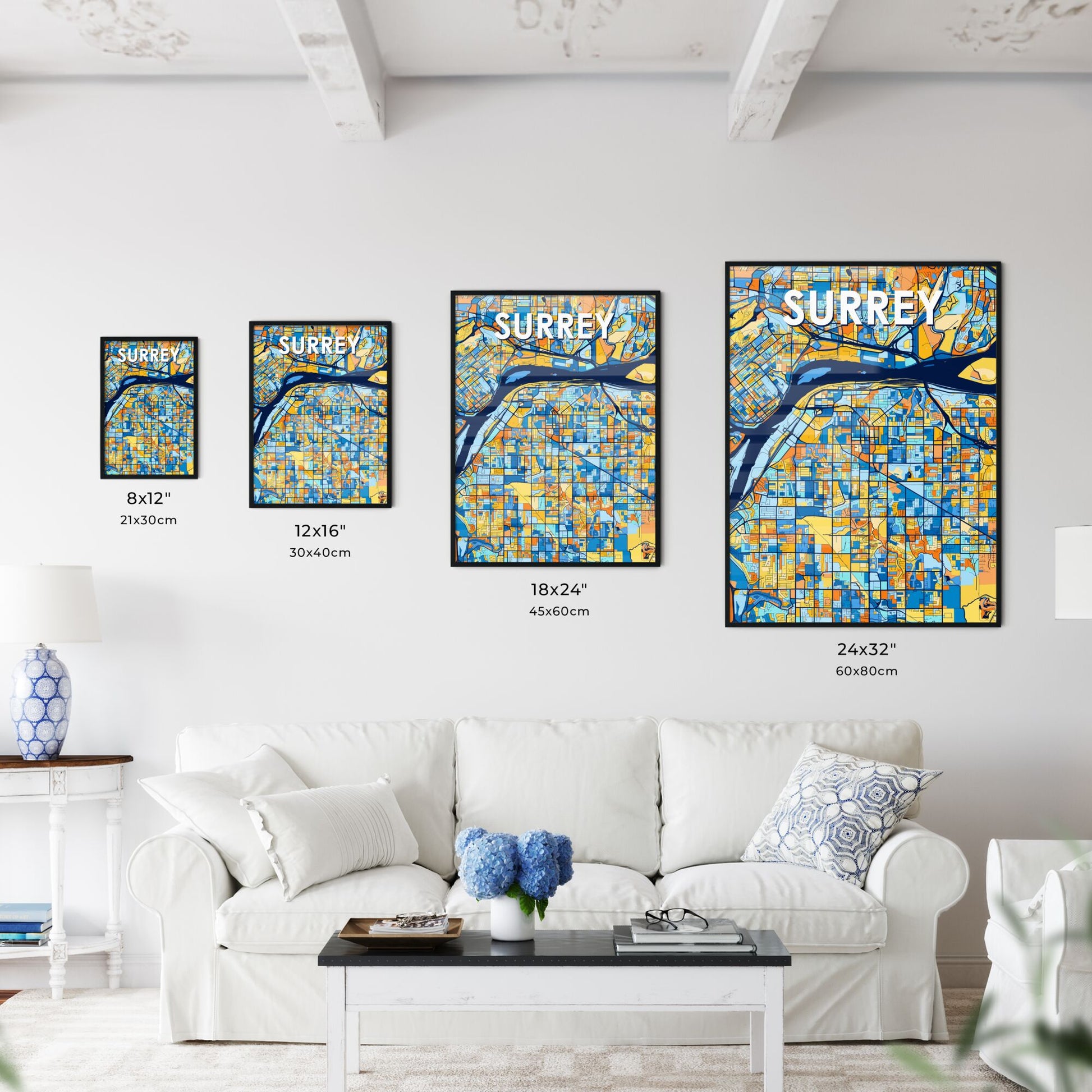 SURREY CANADA Vibrant Colorful Art Map Poster Blue Orange