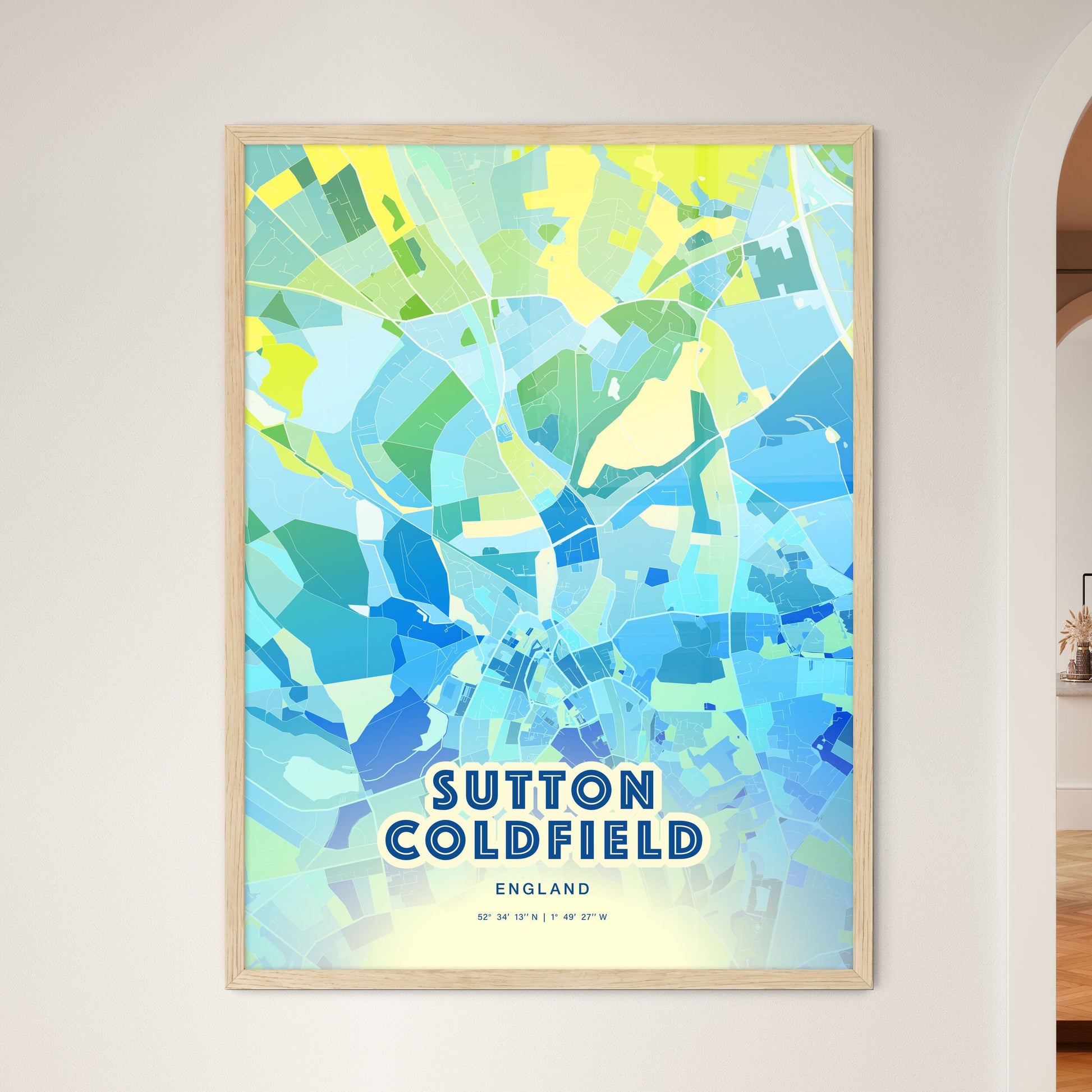 Colorful Sutton Coldfield England Fine Art Map Cool Blue