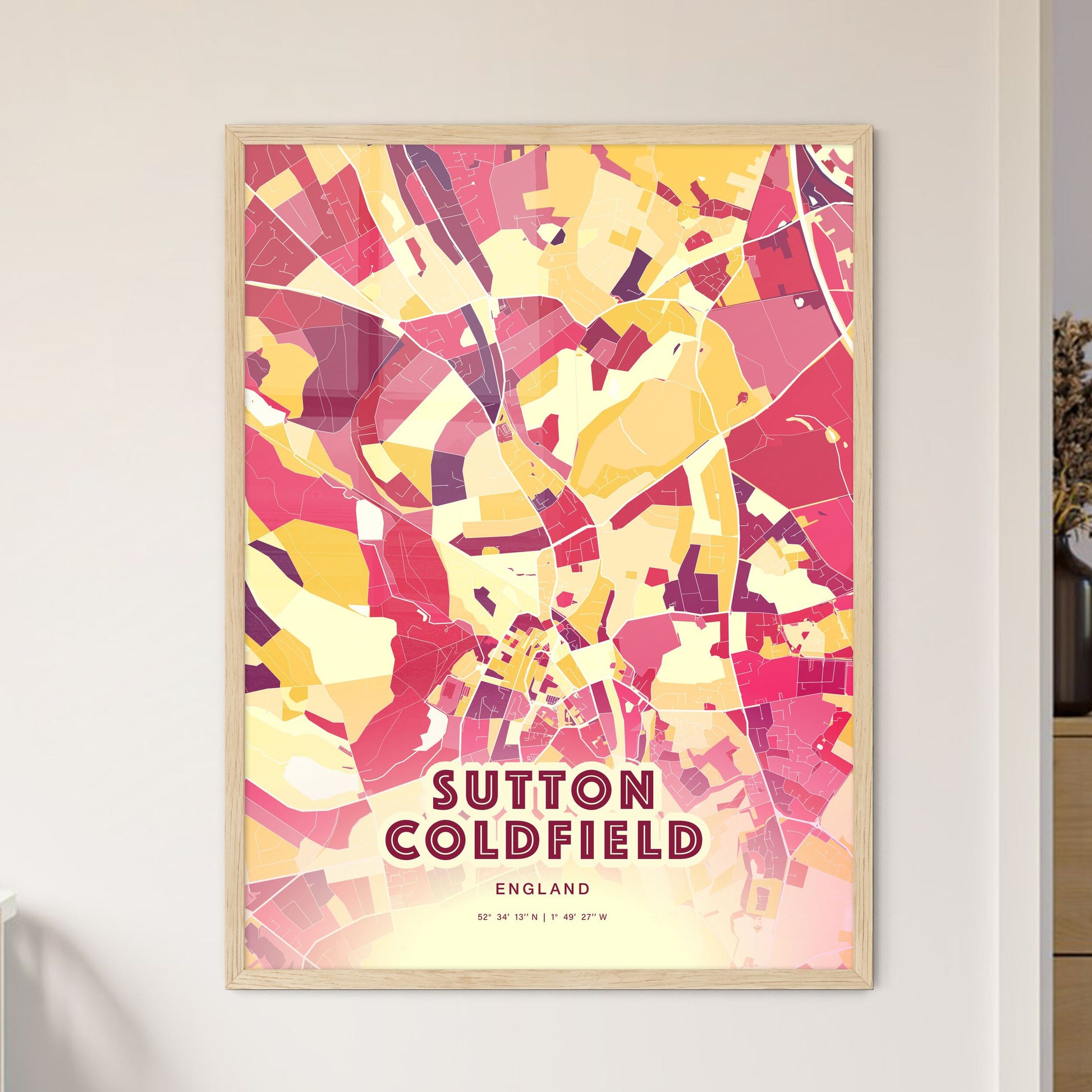 Colorful Sutton Coldfield England Fine Art Map Hot Red