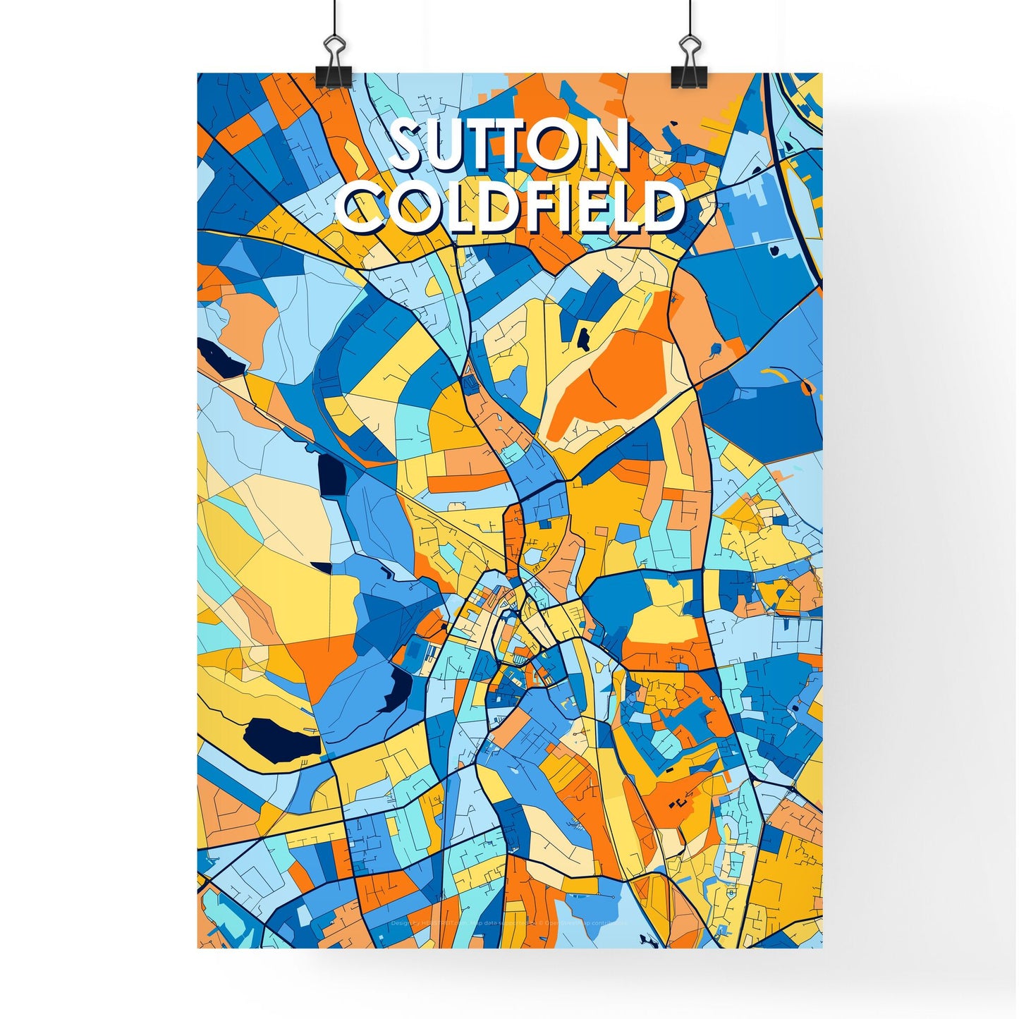 SUTTON COLDFIELD ENGLAND Vibrant Colorful Art Map Poster Blue Orange