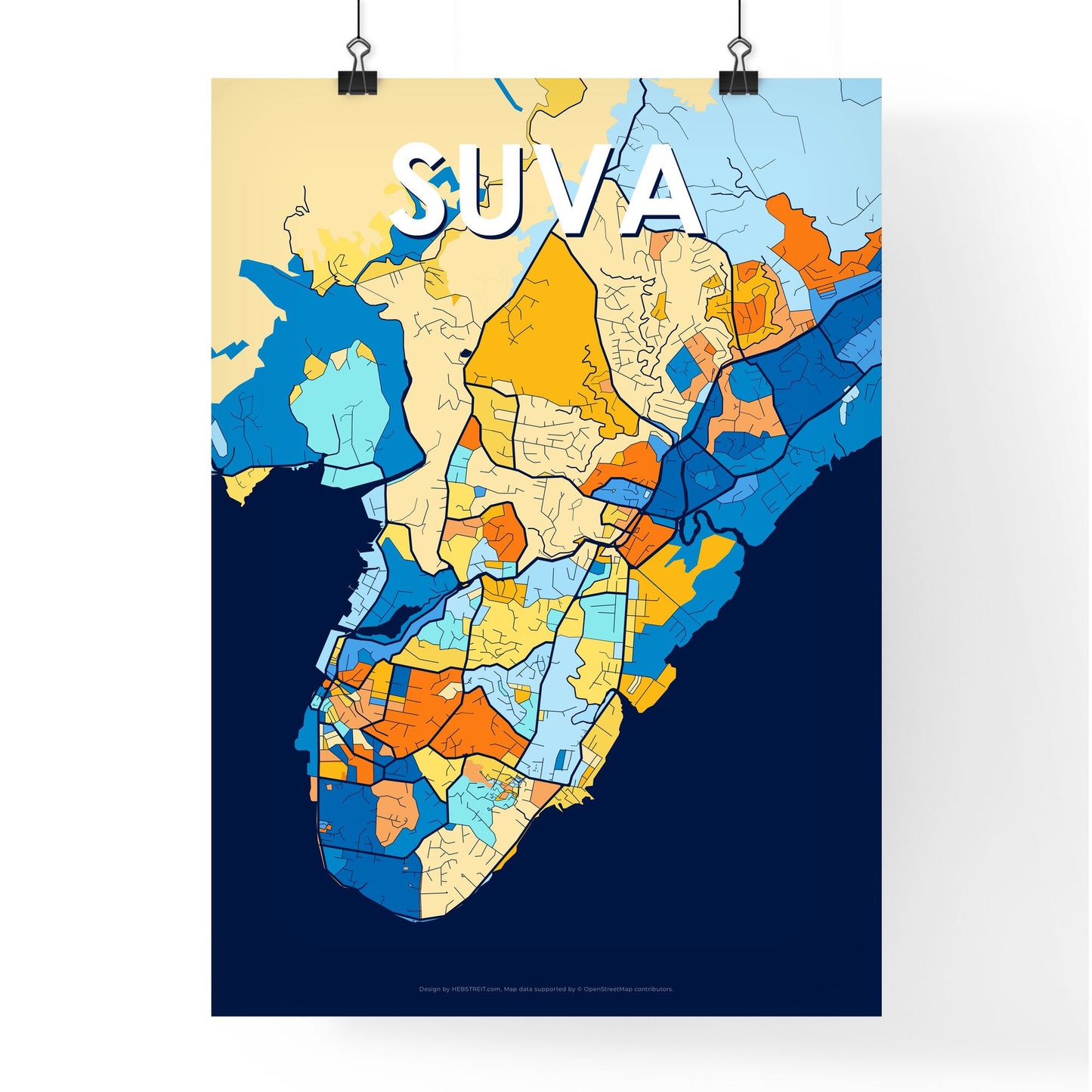 SUVA FIJI Vibrant Colorful Art Map Poster Blue Orange