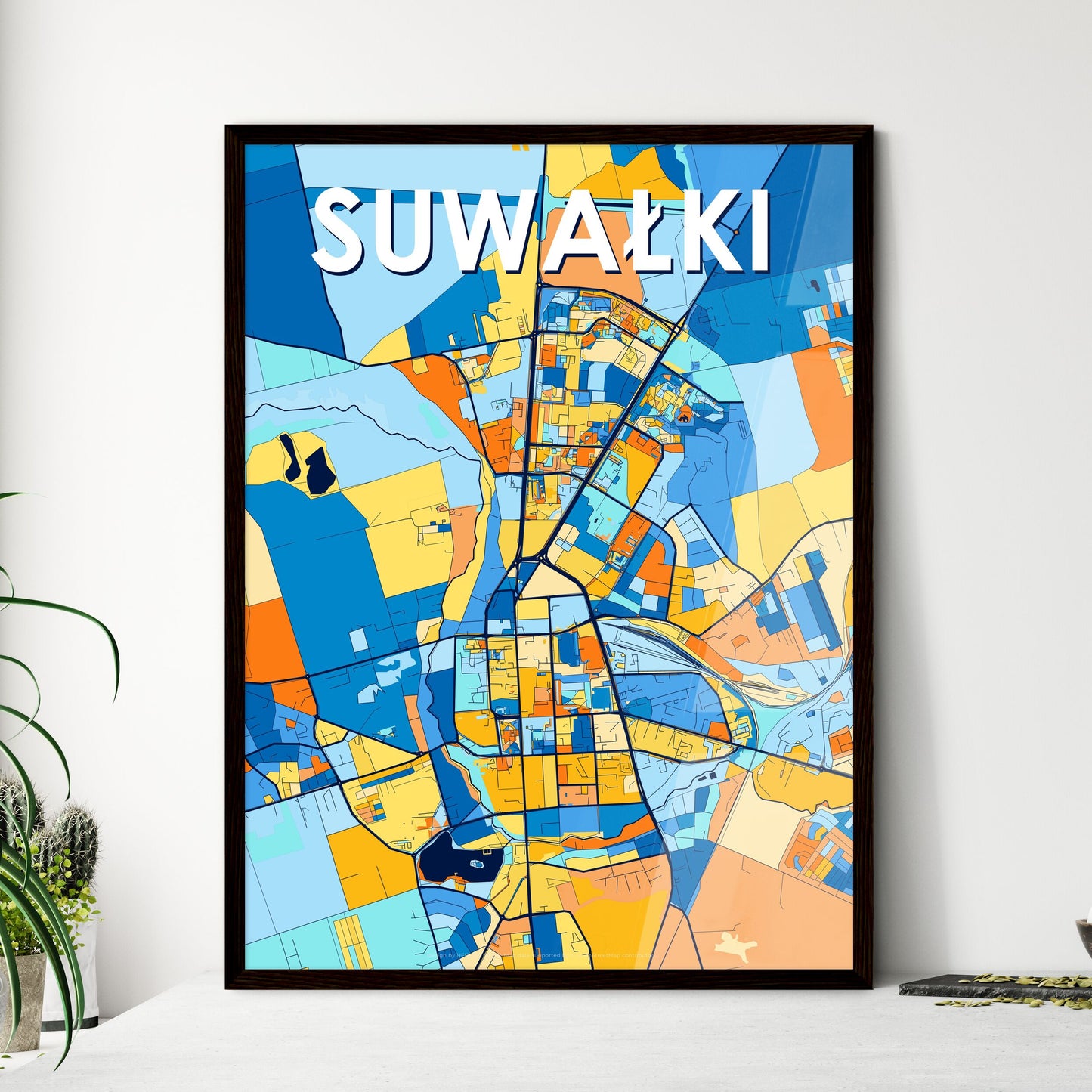 SUWAŁKI POLAND Vibrant Colorful Art Map Poster Blue Orange