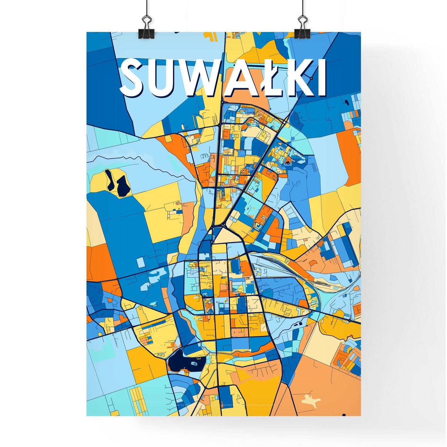 SUWAŁKI POLAND Vibrant Colorful Art Map Poster Blue Orange