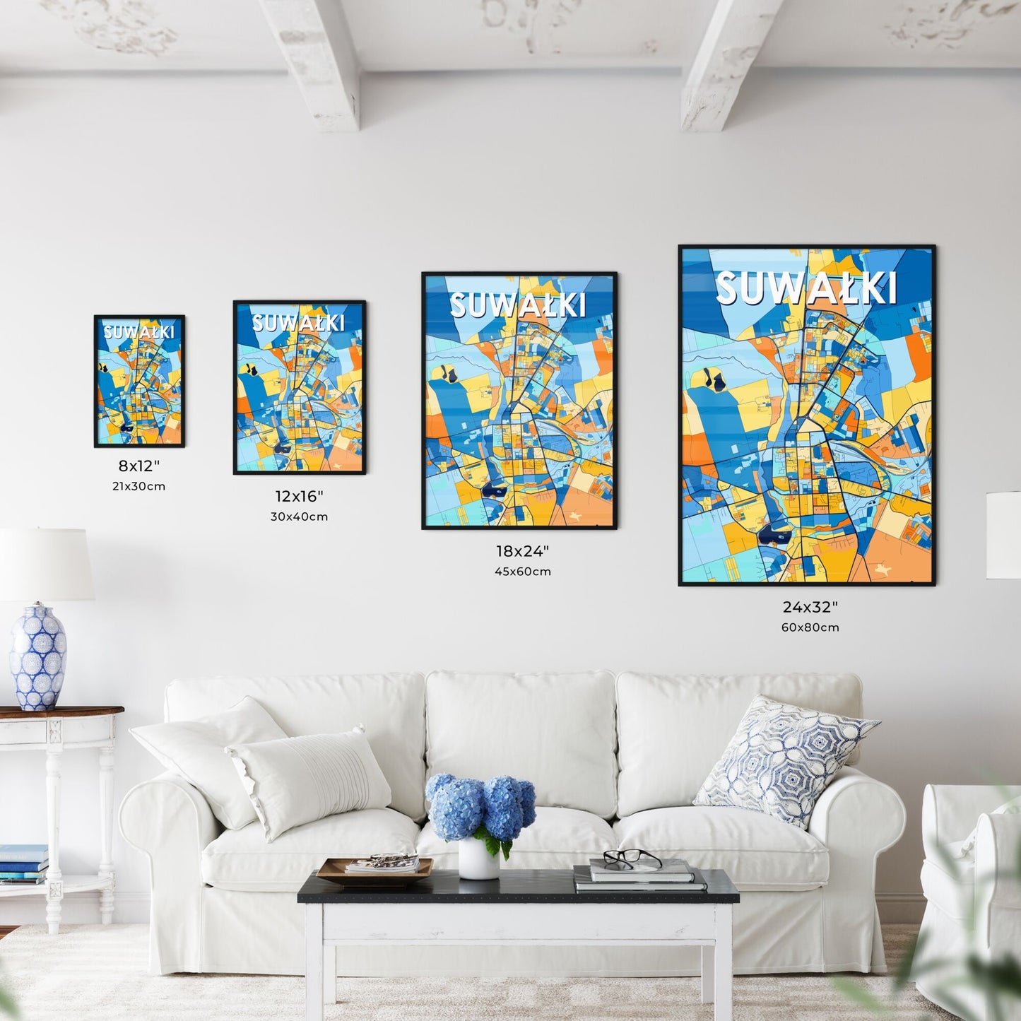 SUWAŁKI POLAND Vibrant Colorful Art Map Poster Blue Orange