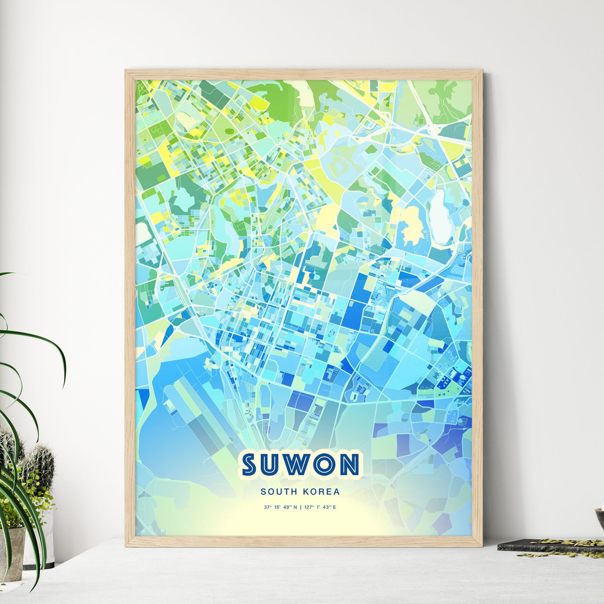 Colorful Suwon South Korea Fine Art Map Cool Blue